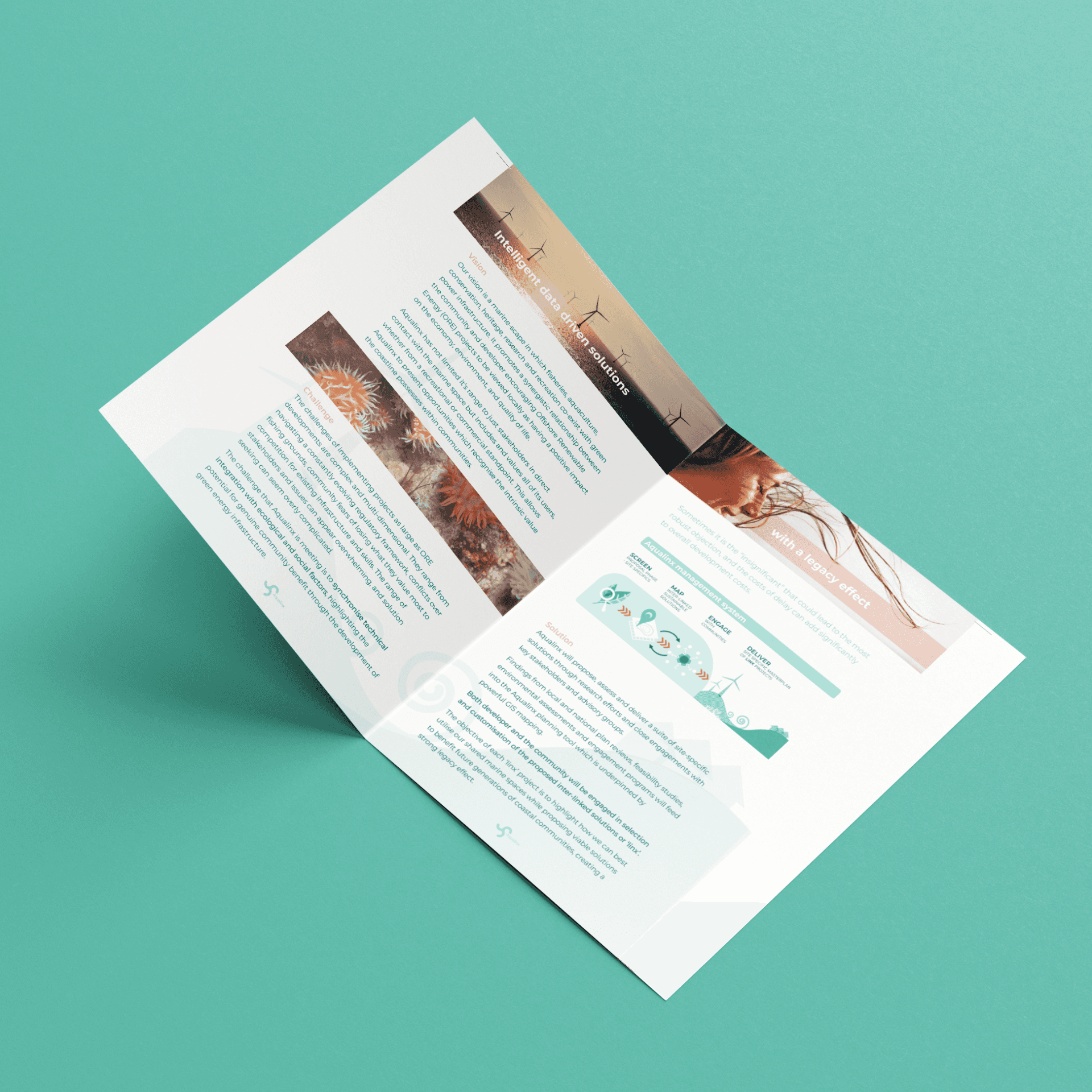 Open magazine mockup with article layout on teal background.