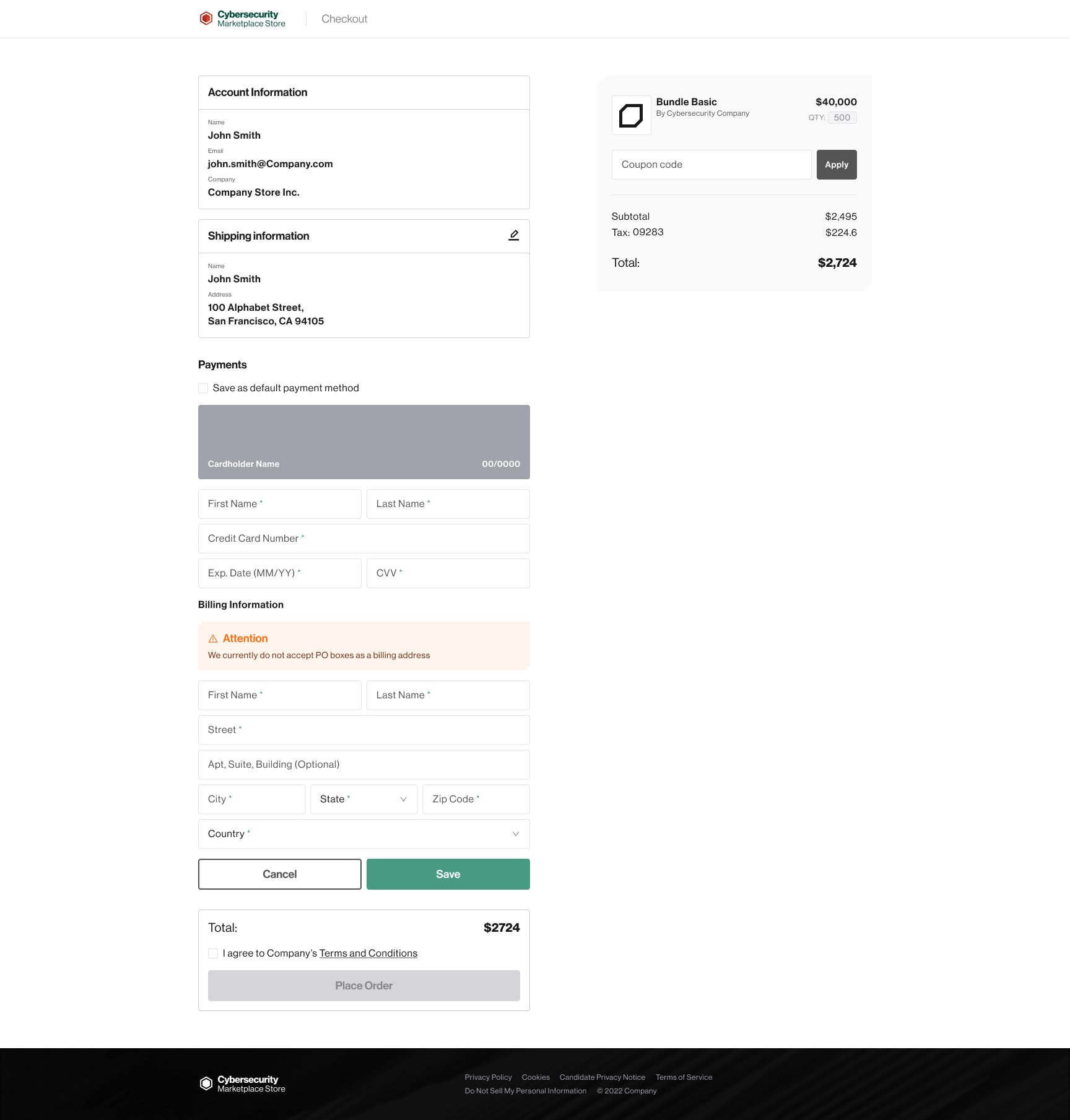 Checkout screen for adding payment information.