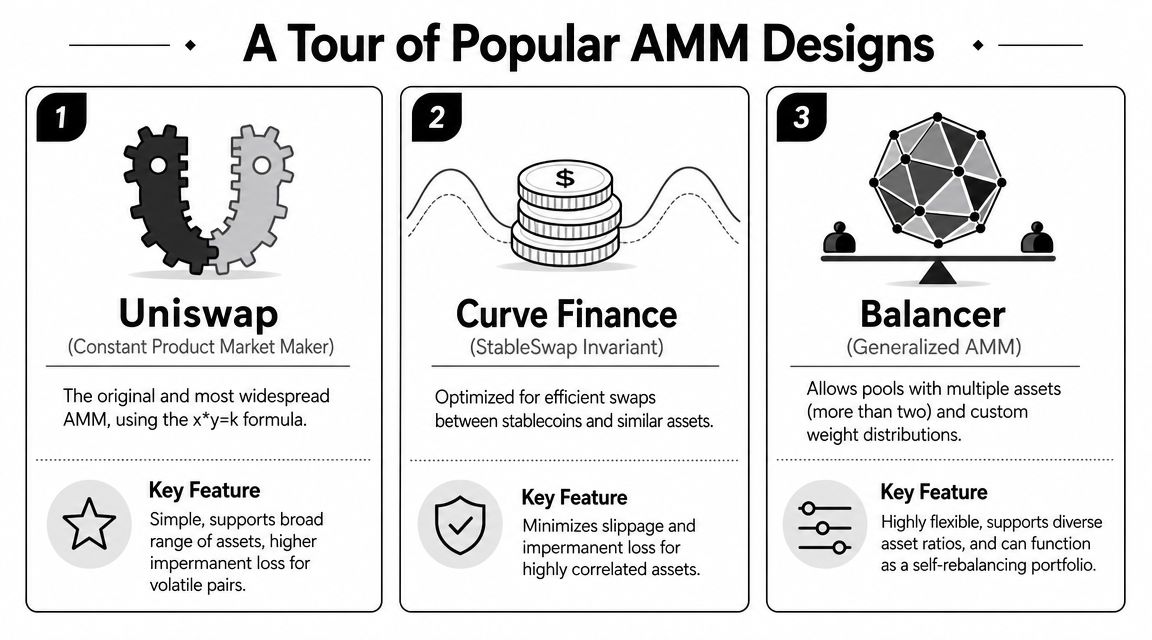 An infographic titled A Tour of Popular AMM Designs comparing Uniswap, Curve Finance, and Balancer protocols.