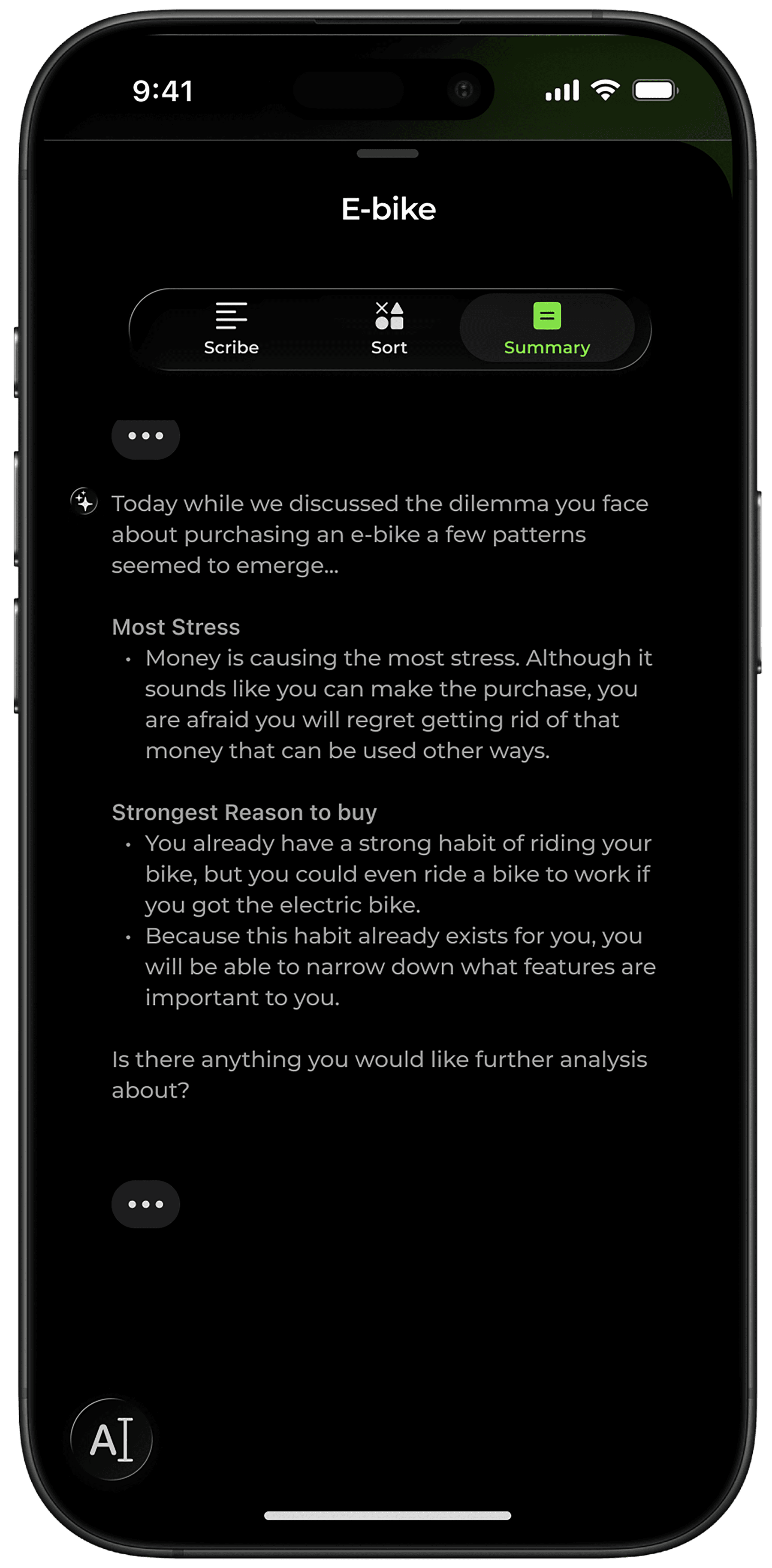 "Summary" Screen. This Pan has summarized important points of the conversation.