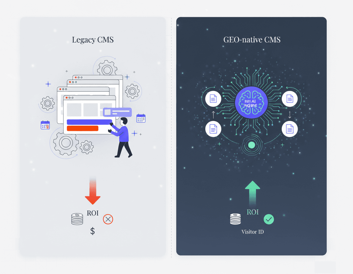 Split-screen contrasting manual legacy CMS workflow with automated GEO-native CMS and improved ROI