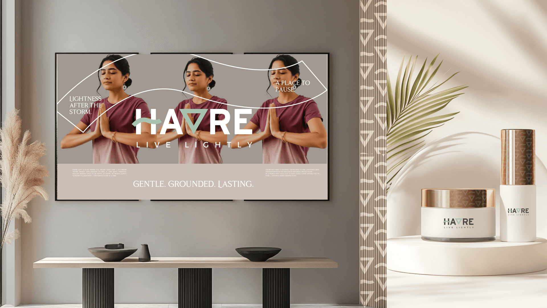 Havre wellness brand campaign visuals and skincare product packaging — Penguincil Design