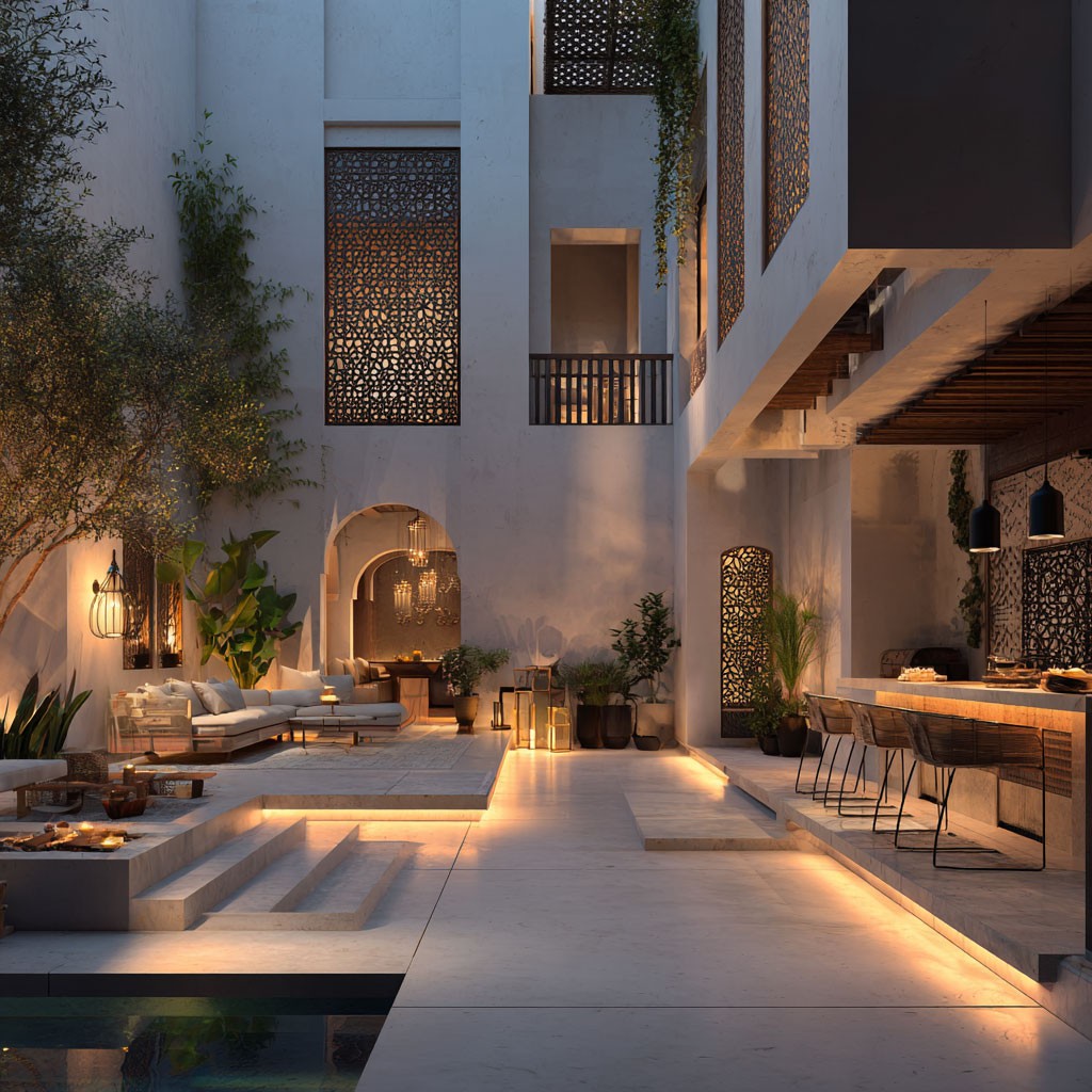 Modernes 3D-Rendering eines Innenhofs mit warmer Beleuchtung, Sitzgelegenheiten im Freien, üppigen Pflanzen, einer versenkten Feuerstelle und einem Essbereich. Der Raum verfügt über weiße Wände, dekorative Paravents und ein ruhiges, luxuriöses Ambiente.