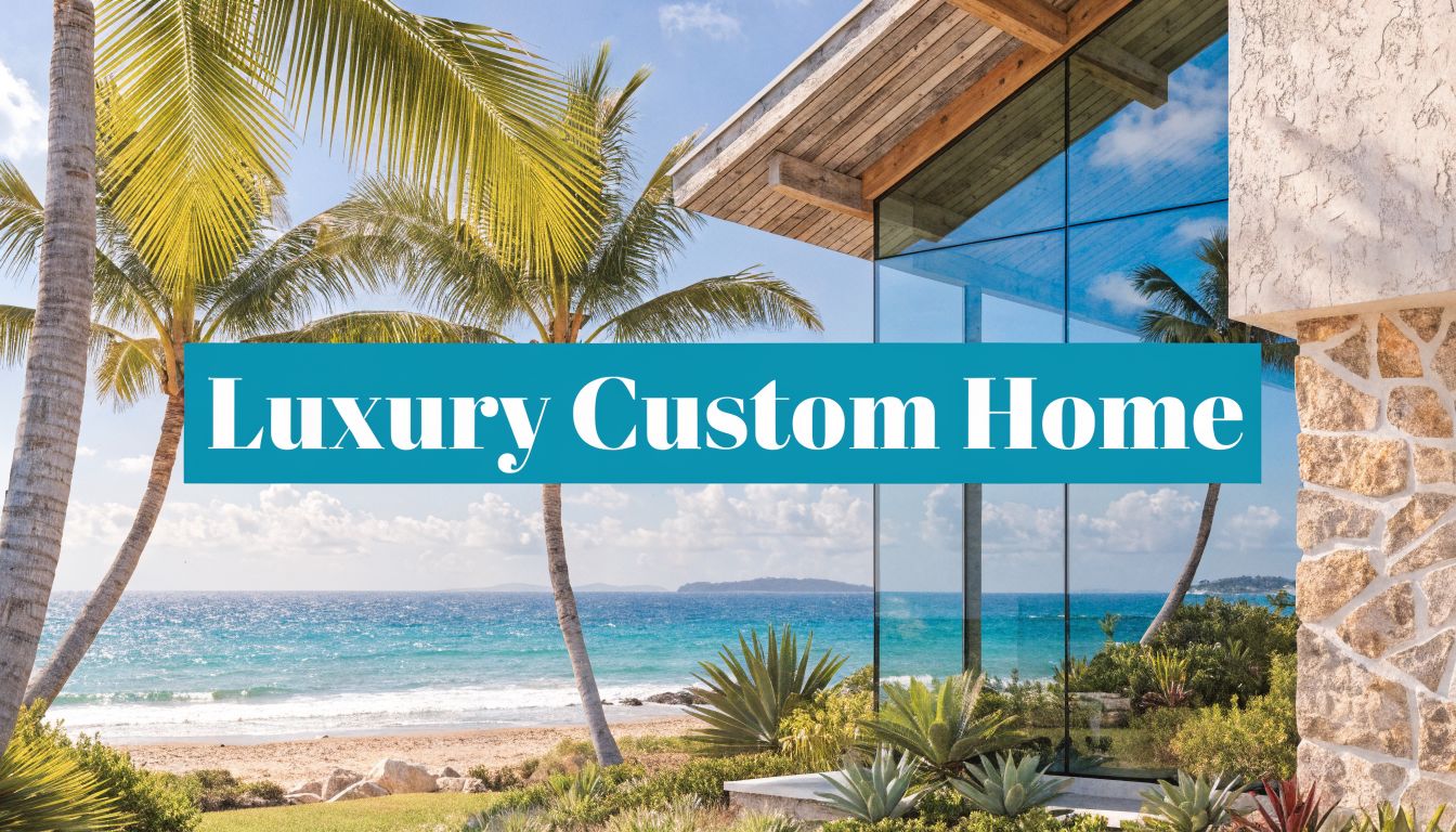 a large beach with palm trees and the side of a mansion in view