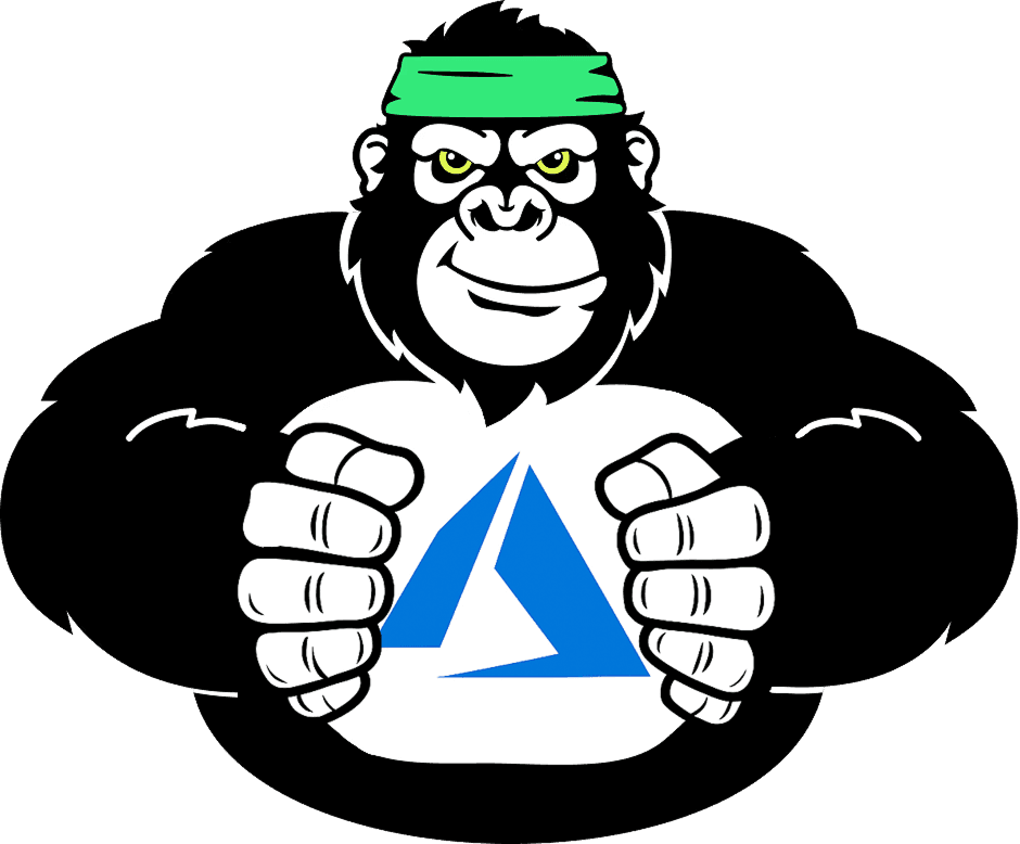 This illustration depicts a strong gorilla wearing a green headband, gripping a colorful cloud logo combining red, yellow, blue, and green elements, suggesting themes of technology and power.