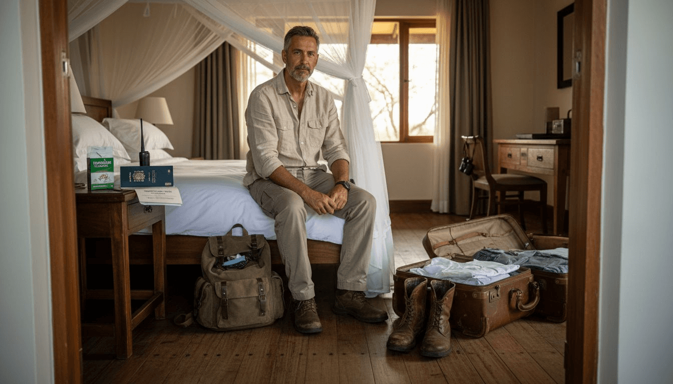 Un aventurero se alista y prepara su maleta para vivir la experiencia de un safari en Namibia.