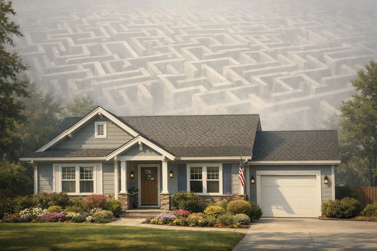 Calm home in the foreground with a faint maze behind it, symbolizing hidden legal and tax complexities.