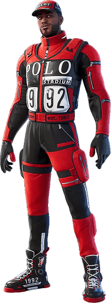 Man in red and black Polo racing outfit