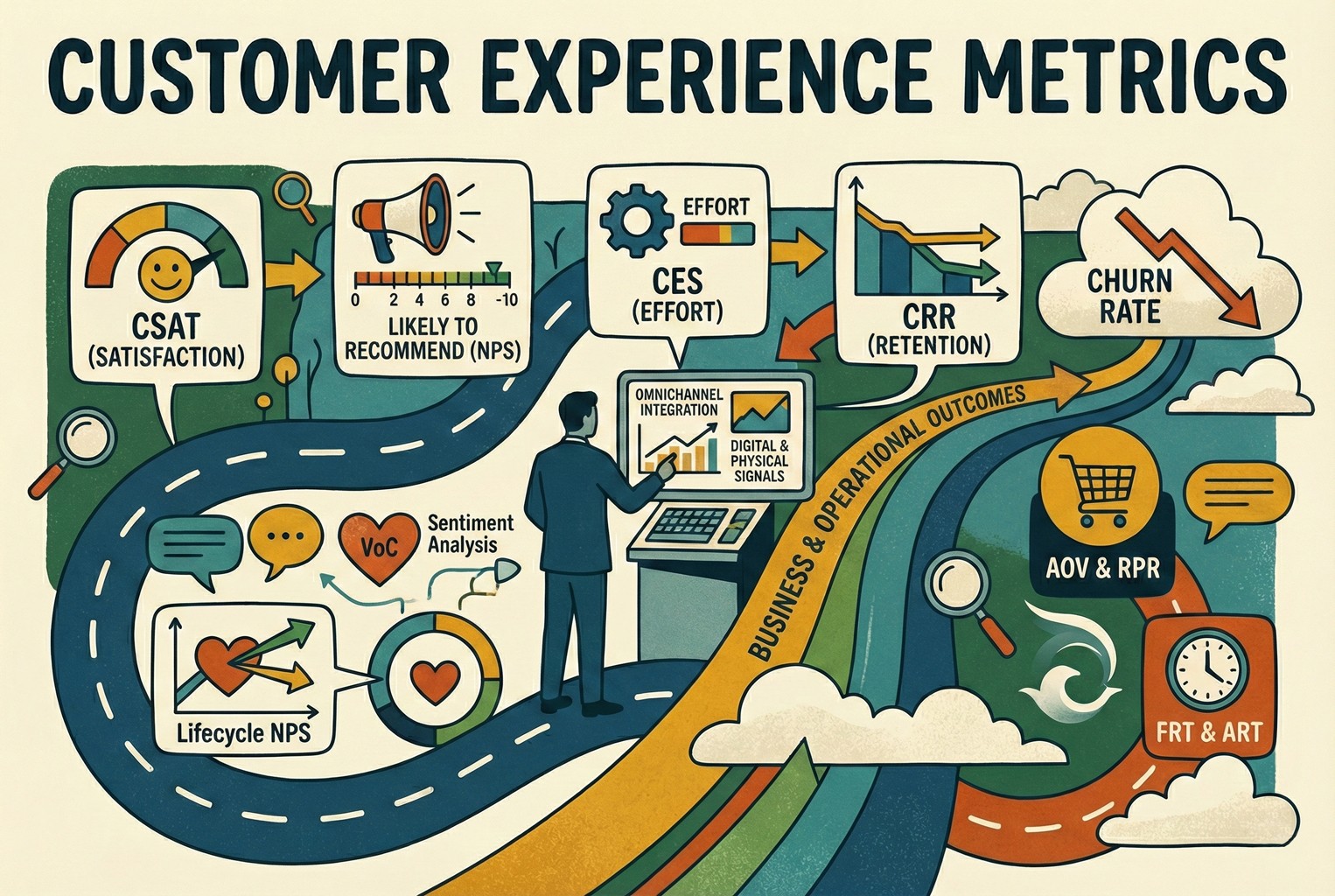 Illustration of customer experience metrics and outcomes, showing CSAT, NPS, and CES alongside retention and churn, plus support and revenue indicators like response time and average order value.