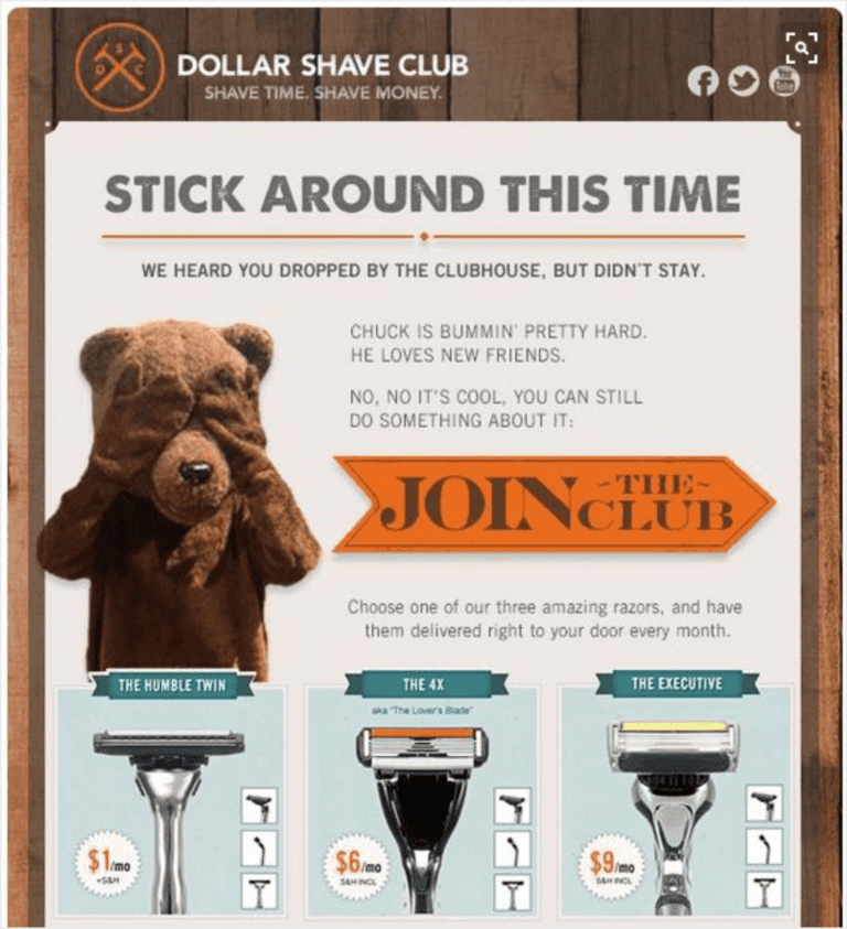 Dollar Shave Club browse abandonment email using a playful bear mascot and Stick Around This Time headline, showcasing razor subscription options to win back abandoned shoppers