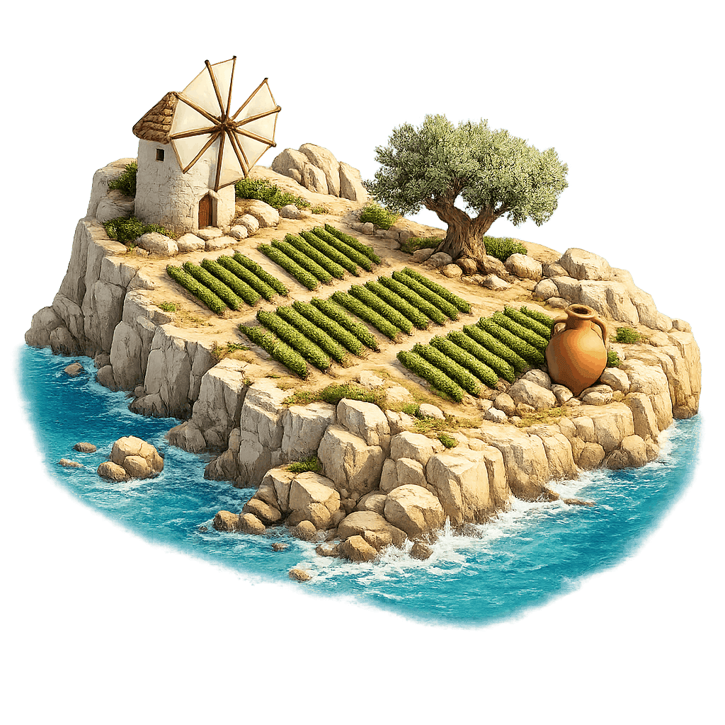 Artistic illustration of the Crete wine region.