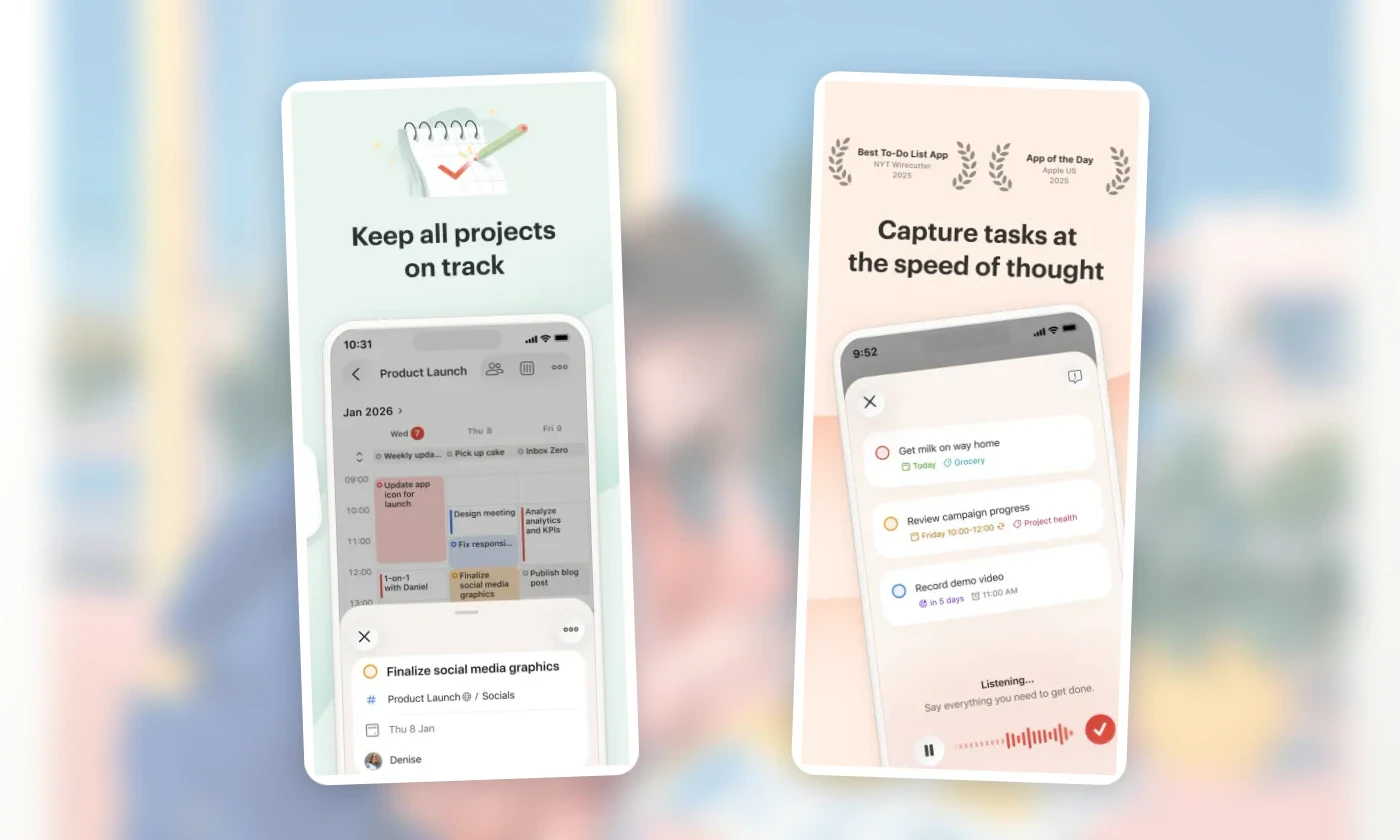 Official Todoist screens showing project planning and task capture.