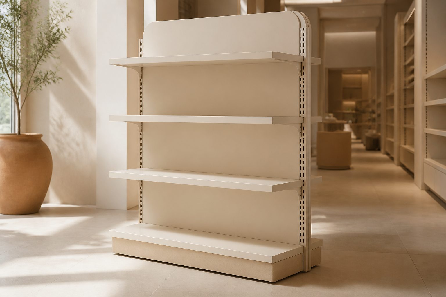 An empty endcap display fixture in cream and sand tones in a softly lit aisle