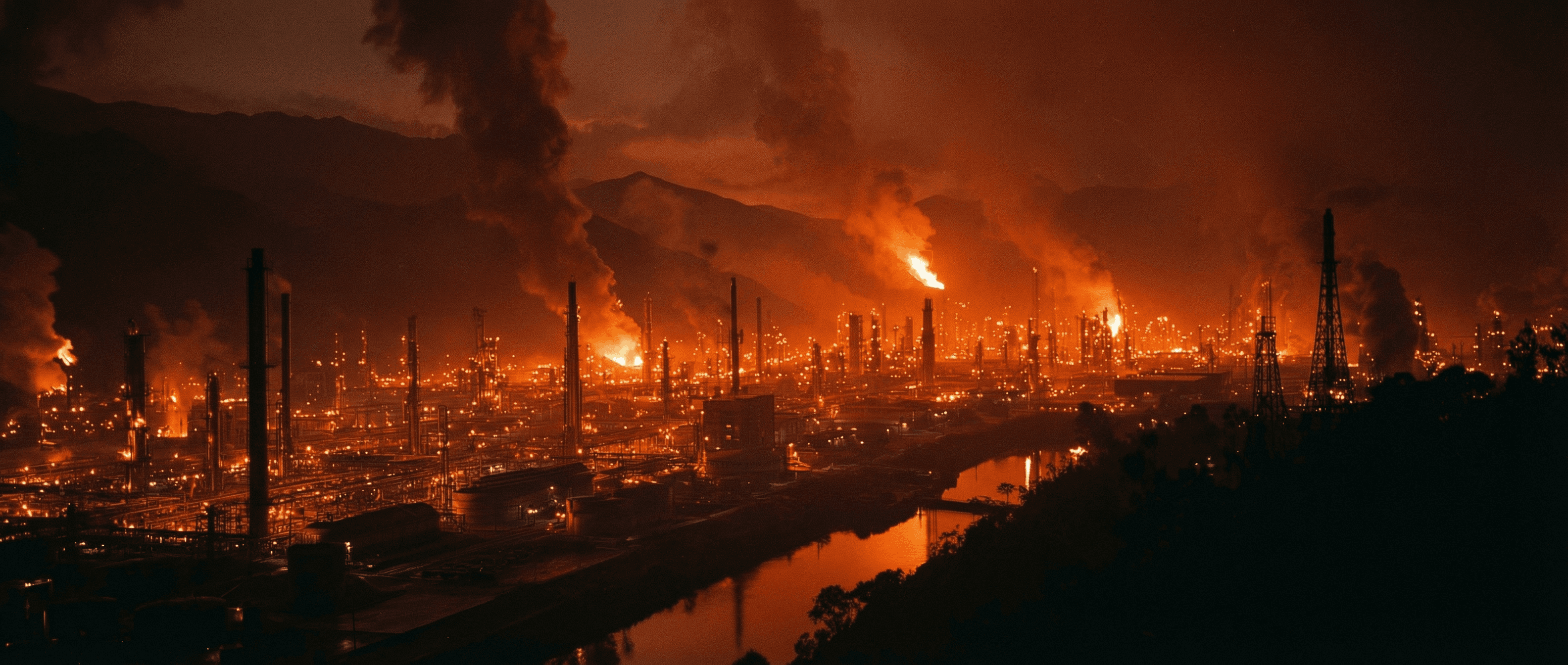 Burning oil facilities at night