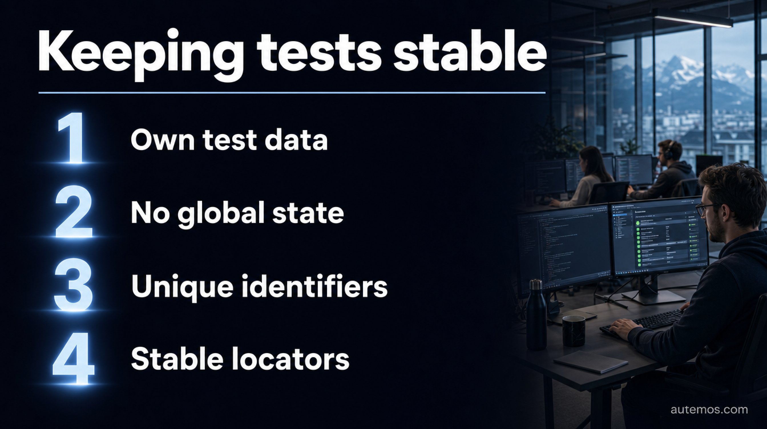 Four-point checklist for stable parallel tests: own test data, no global state, unique identifiers, stable locators.