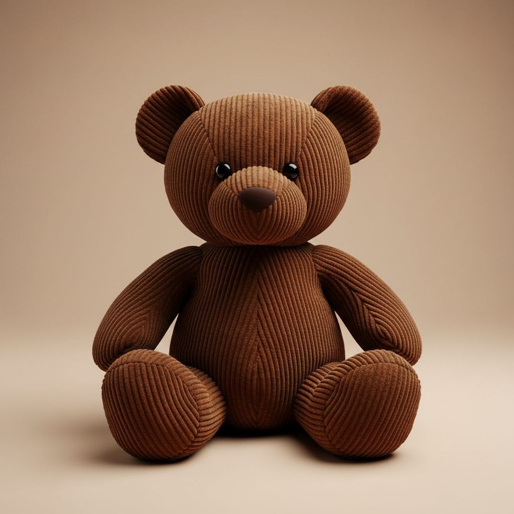 A medium-sized tan corduroy teddy bear with soft, shiny eyes and a friendly expression.