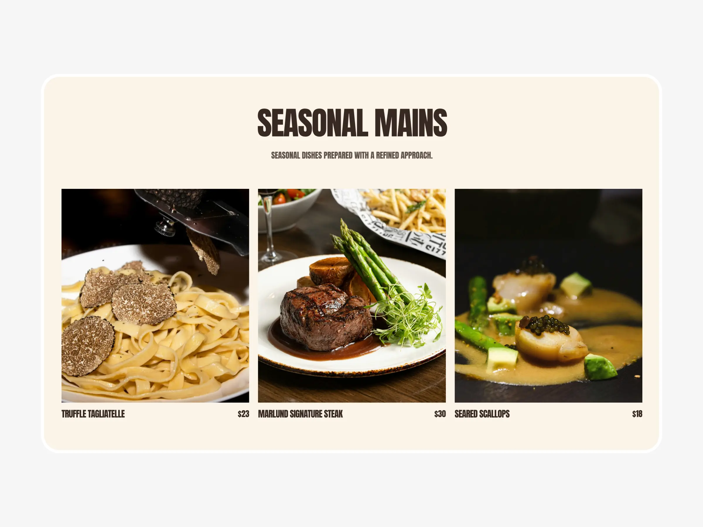 Restaurant website template seasonal dishes grid layout