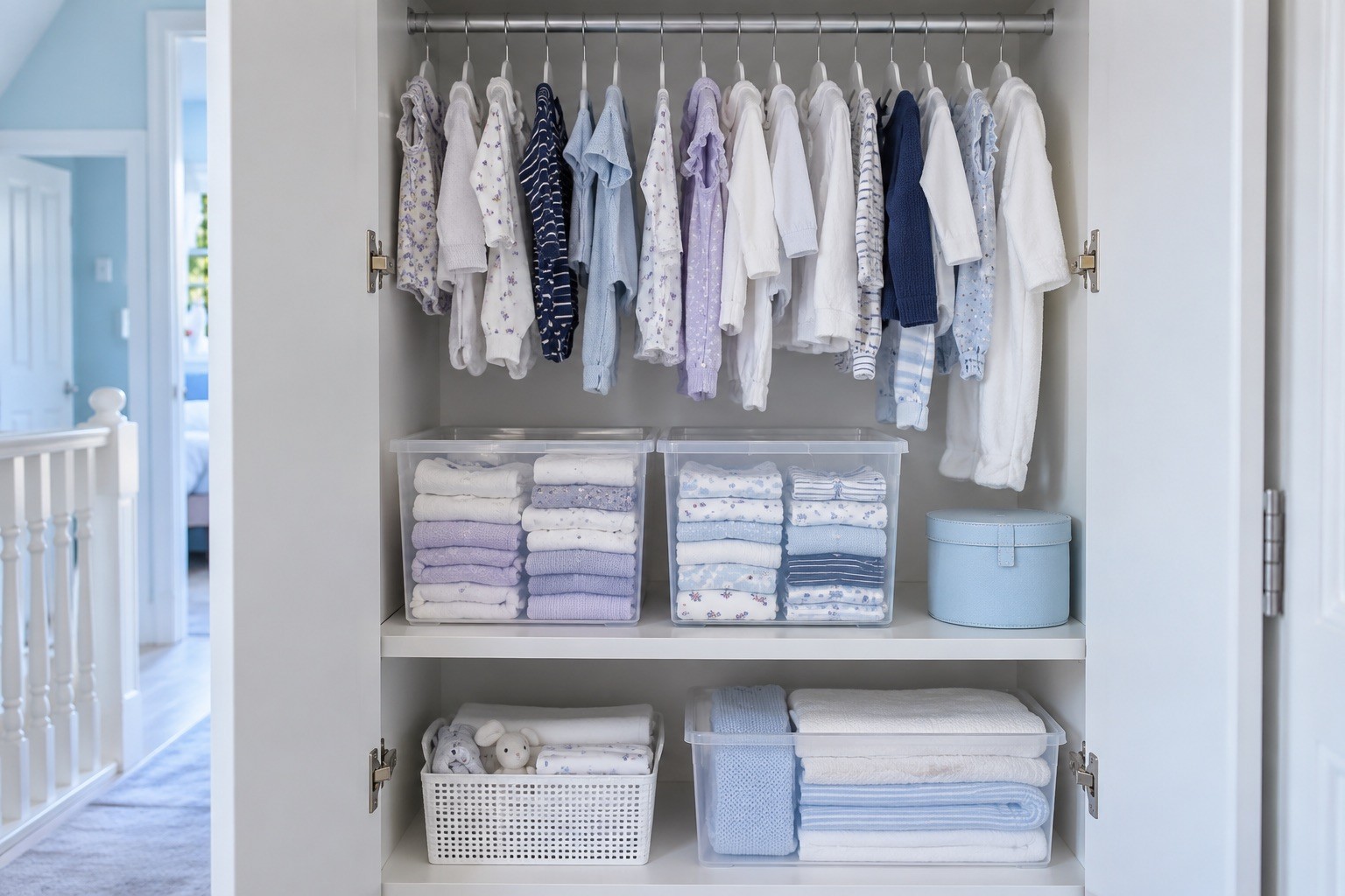 Une armoire blanche ouverte avec des vêtements de bébé, des boîtes transparentes et une petite boîte bleue.