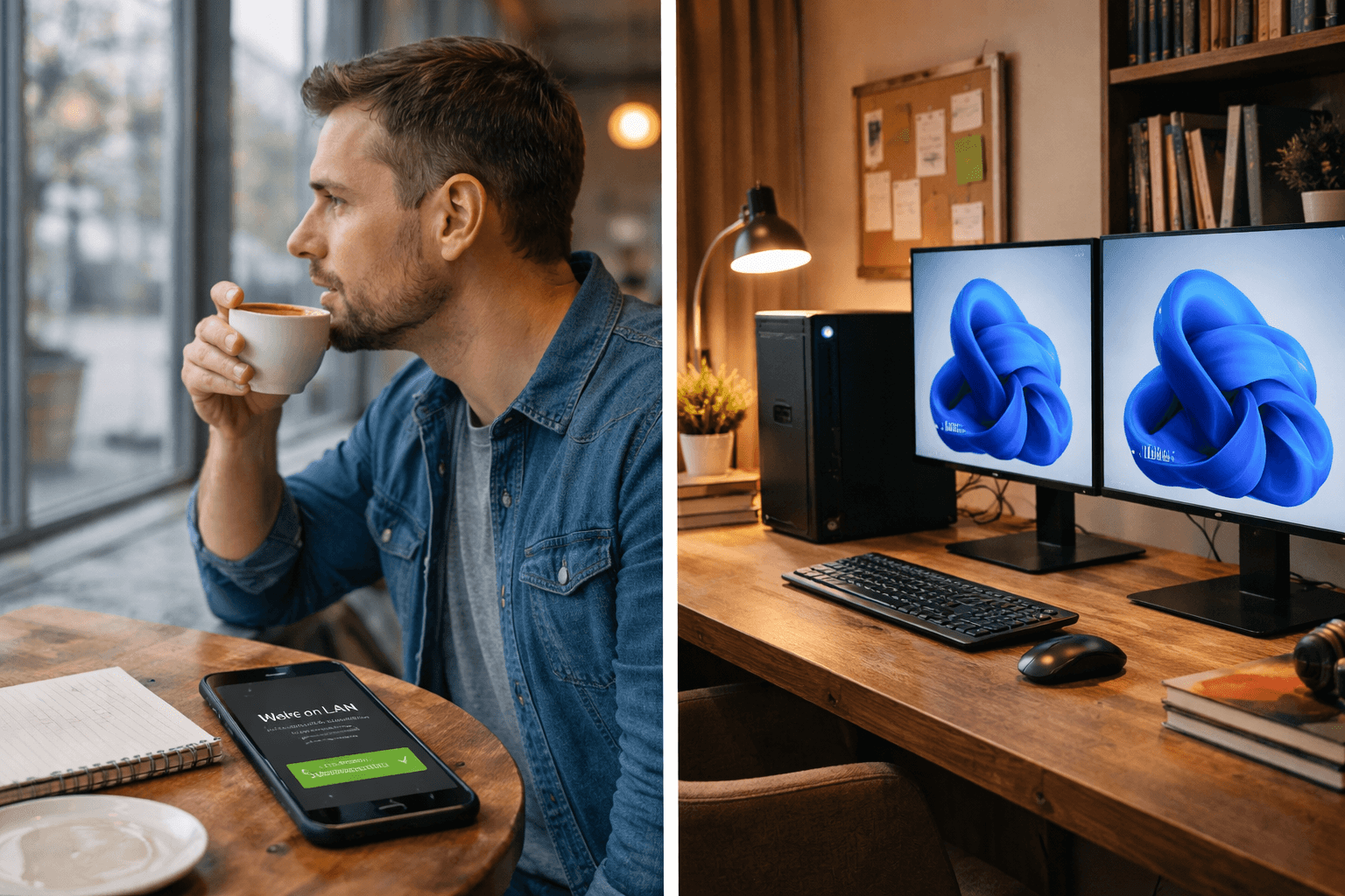 a man at coffeeshop using his mobile to wake-on-lan on his windows 11 desktop at home