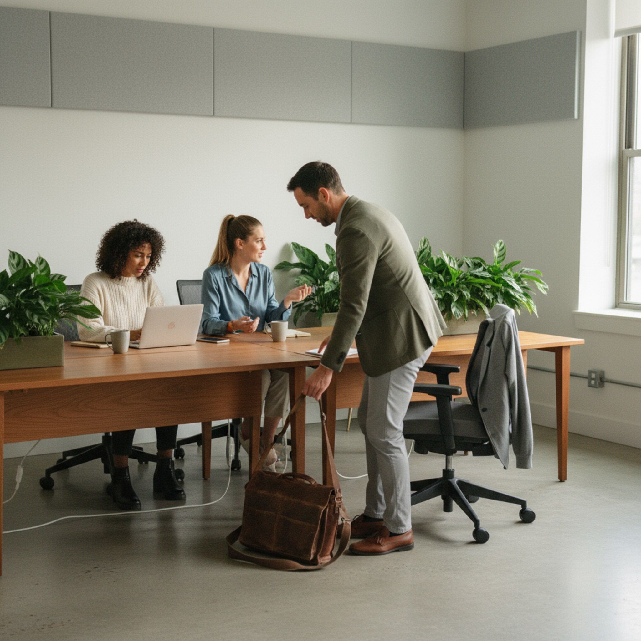 Ein Mitarbeiter legt seine Tasche neben einen freien Schreibtisch, zieht den Stuhl heran und hängt eine Jacke über die Lehne. In Sichtweite sitzen Kolleginnen an benachbarten Plätzen einer ruhigen Zone. Pflanzen trennen Bereiche dezent. Die Szene vermittelt Orientierung und Ankommen.