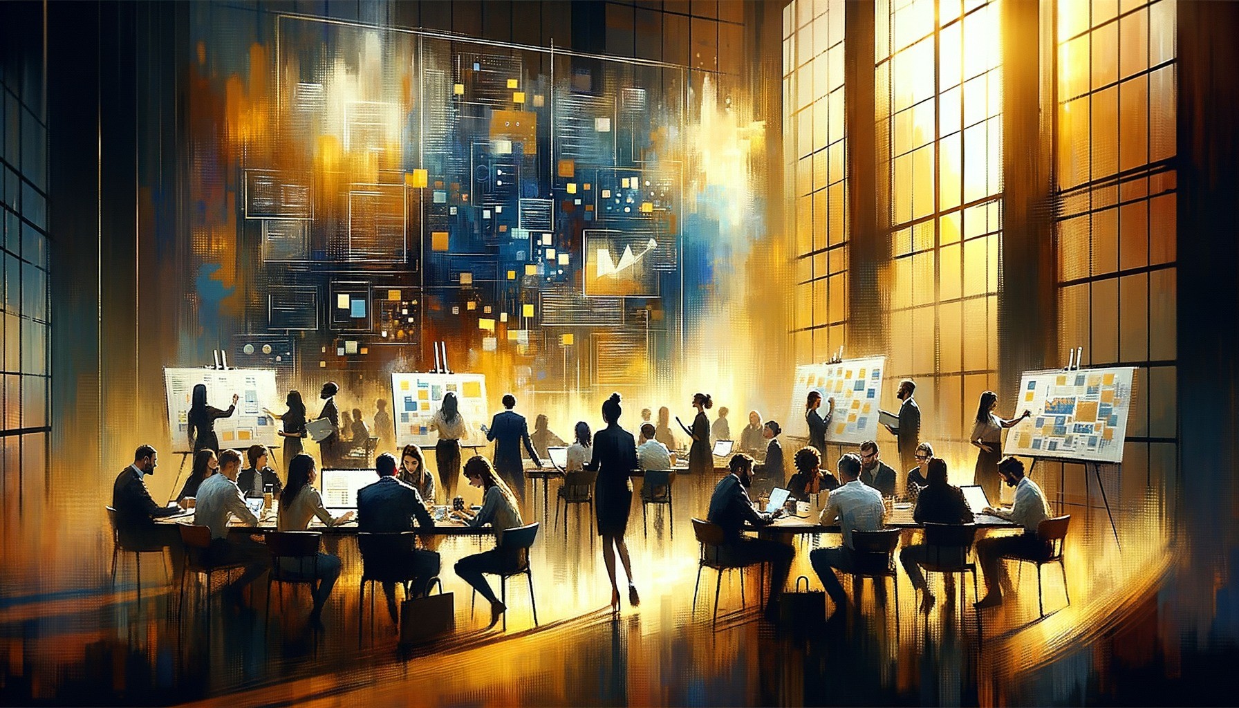 Oil painting of a team collaborating around a project table with boards and glowing screens in golden morning light