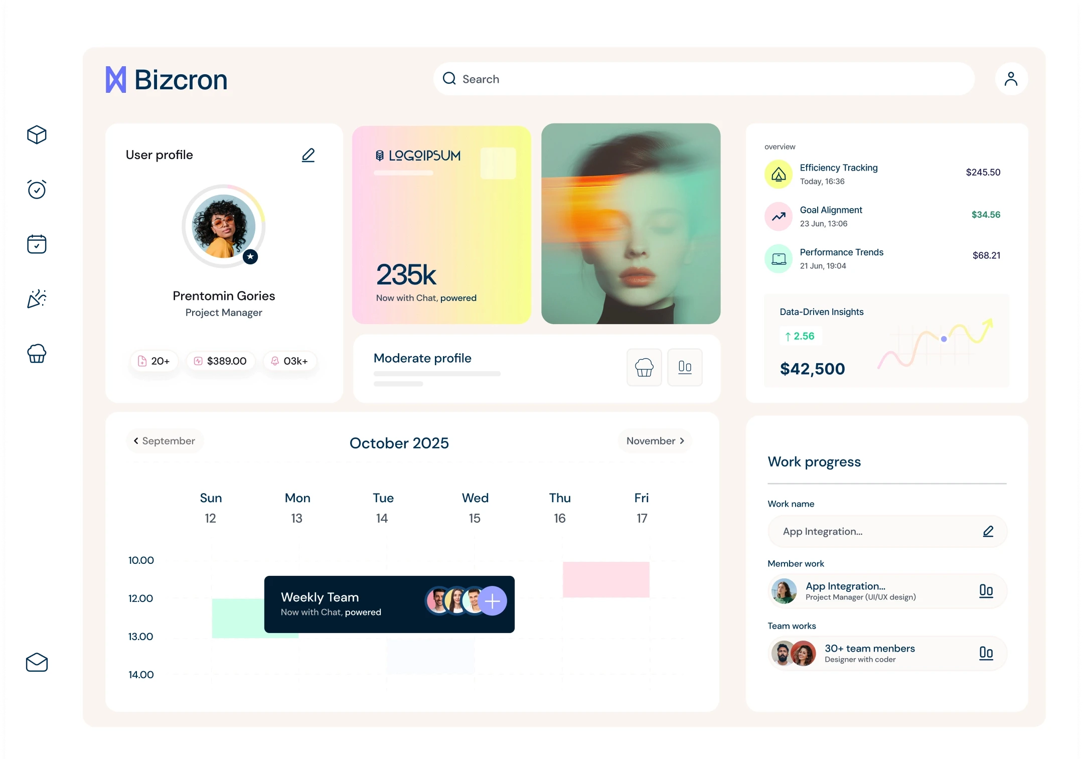 Dashboard interface showing user profile, calendar for October 2025, and work progress with charts and icons.