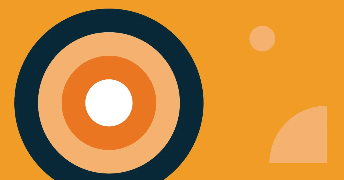 Ilustração abstrata em fundo âmbar com anéis concêntricos em azul-escuro, pêssego e laranja em volta de um centro branco, e formas pêssego menores à direita.