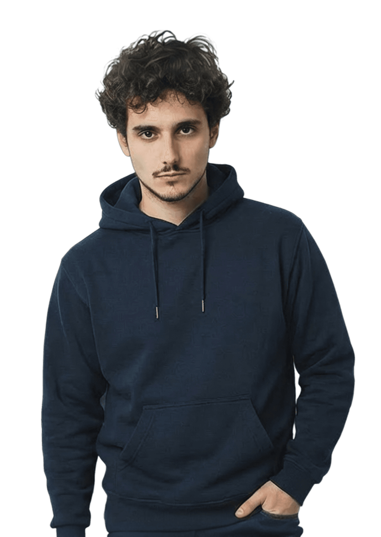 Male model wearing navy hoodie product sample