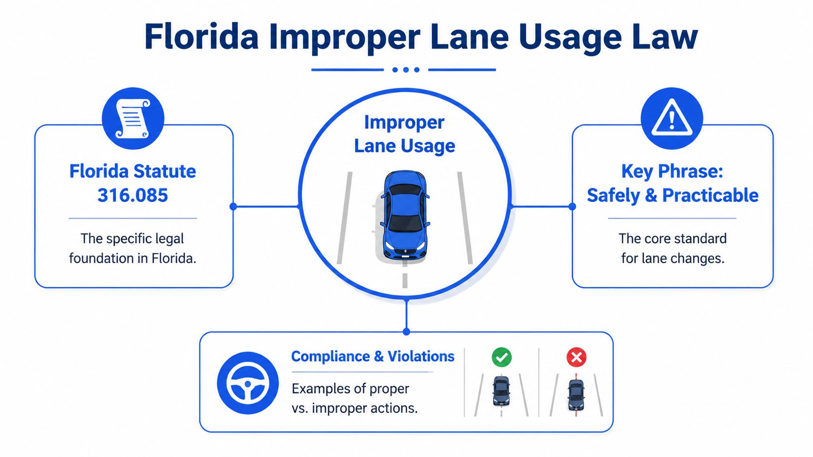 An infographic explaining Florida Improper Lane Usage Law, highlighting Statute 316.085 and the rule of safely and practicable.