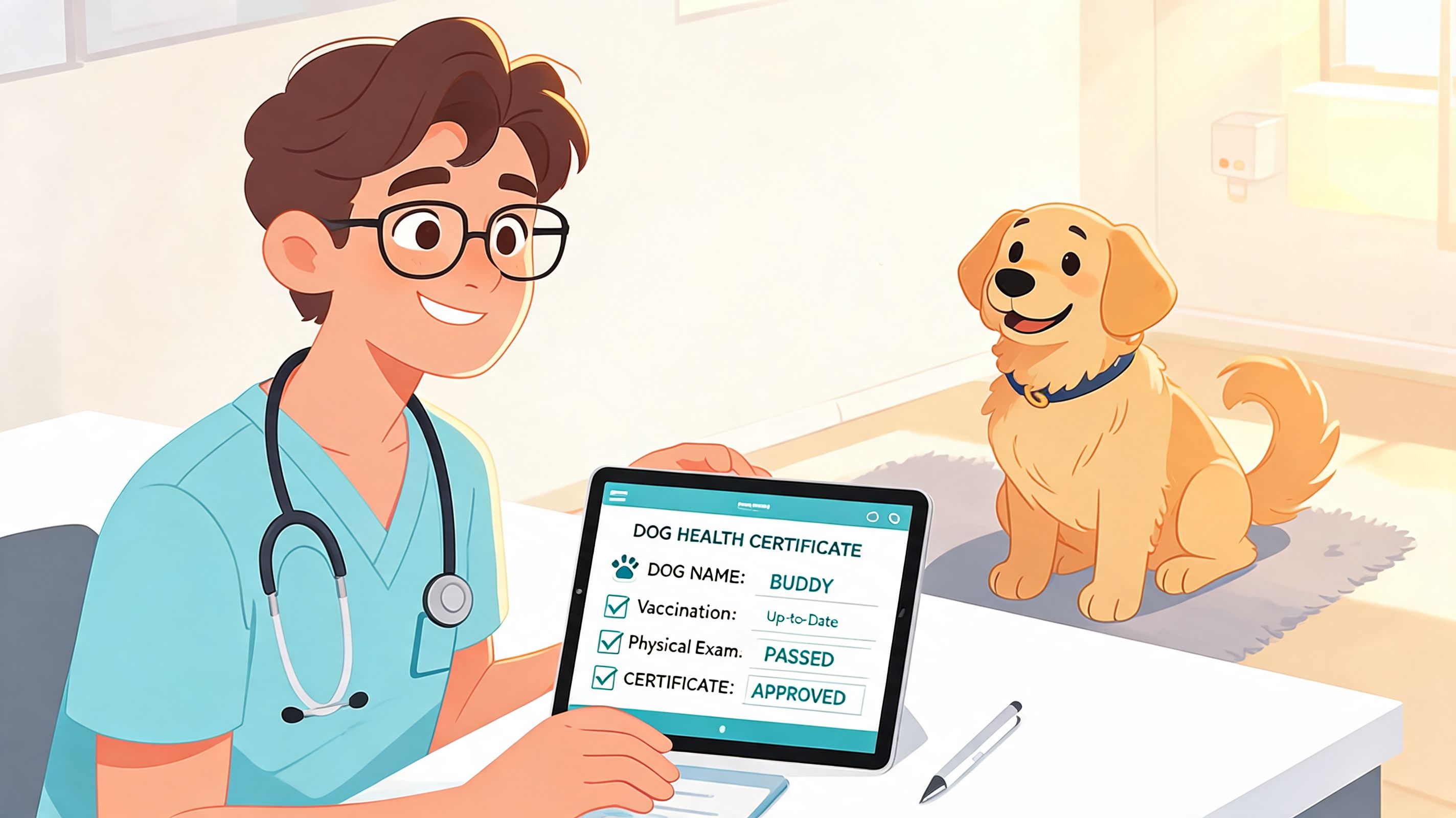 A friendly veterinarian holding a tablet displaying a dog health certificate for a happy Golden Retriever.