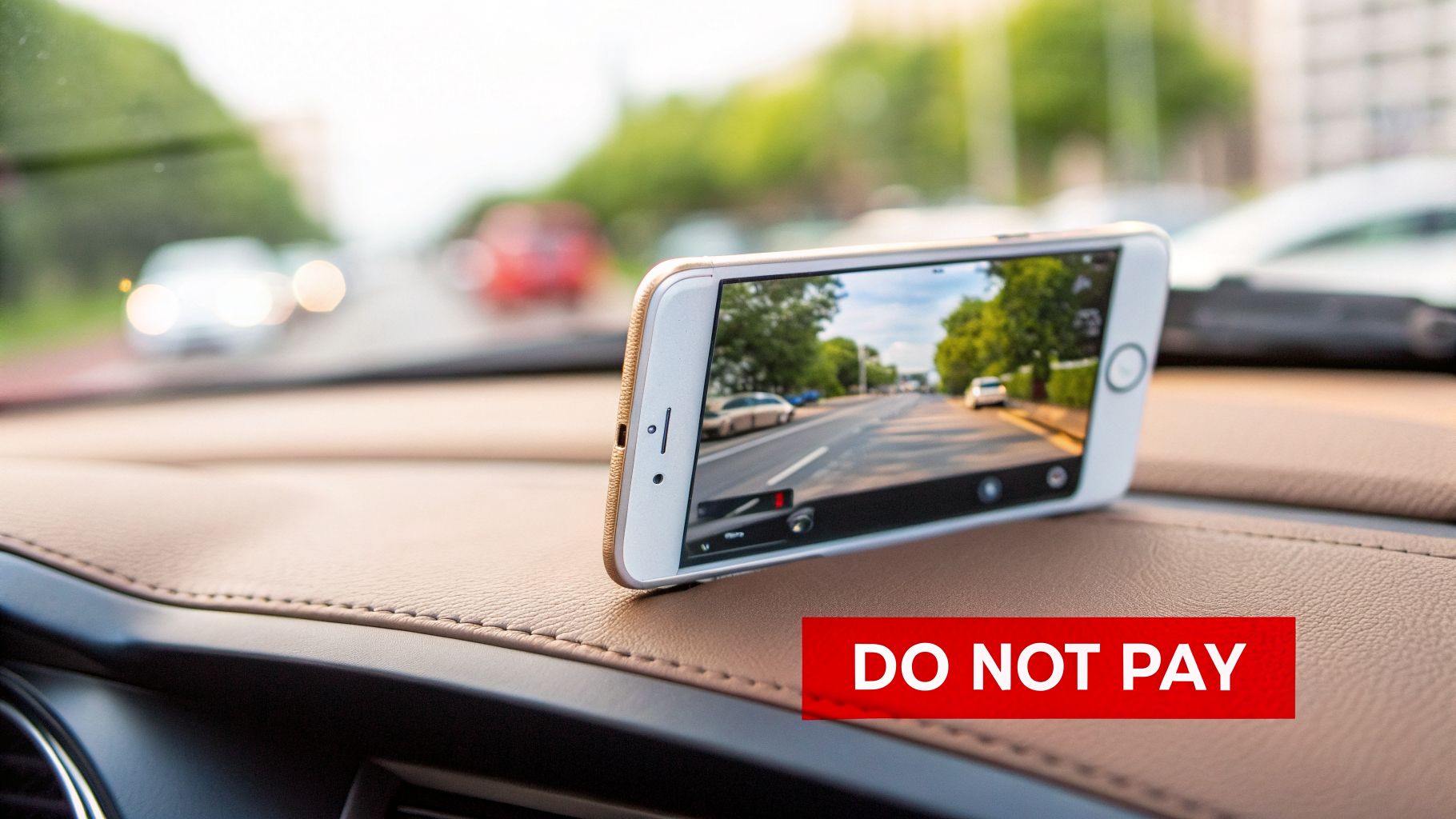 A smartphone recording a road view from a car dashboard, functioning as a dashcam.