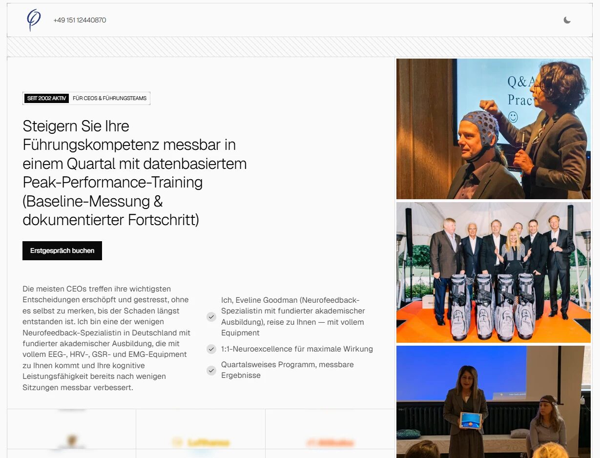 Screenshot: neuroxcellence.com – Überschrift „Steigern Sie Ihre Führungskompetenz messbar in einem Quartal mit datenbasiertem Peak-Performance-Training“, Button „Erstgespräch buchen“, Fotos von Vorträgen und Referenzlogos