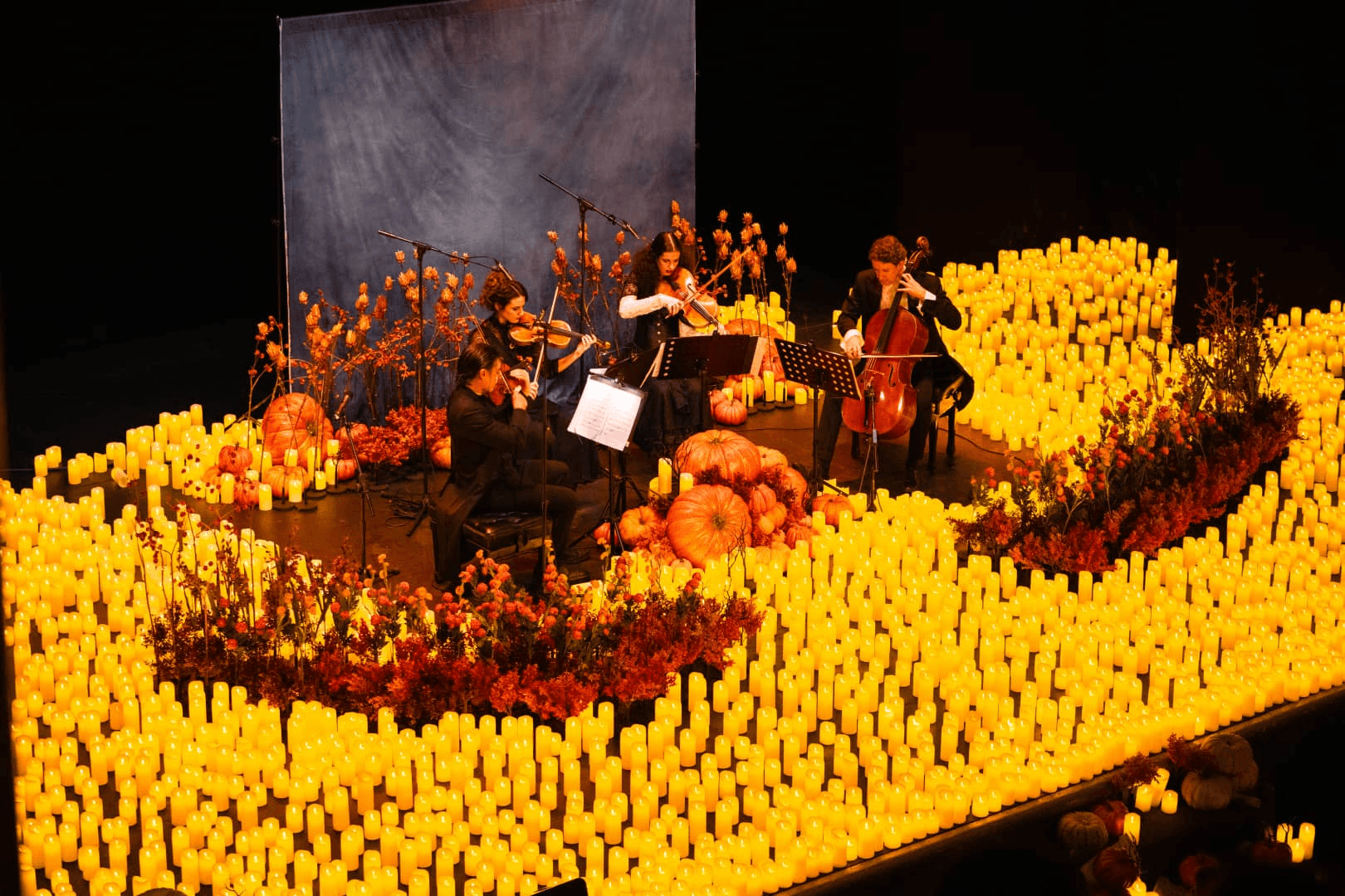 String quartet performing among glowing candles, pumpkins and autumn decorations