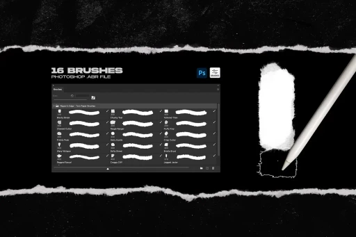 Photoshop brushes panel showing sixteen different torn paper edge brush styles and a digital stylus mockup