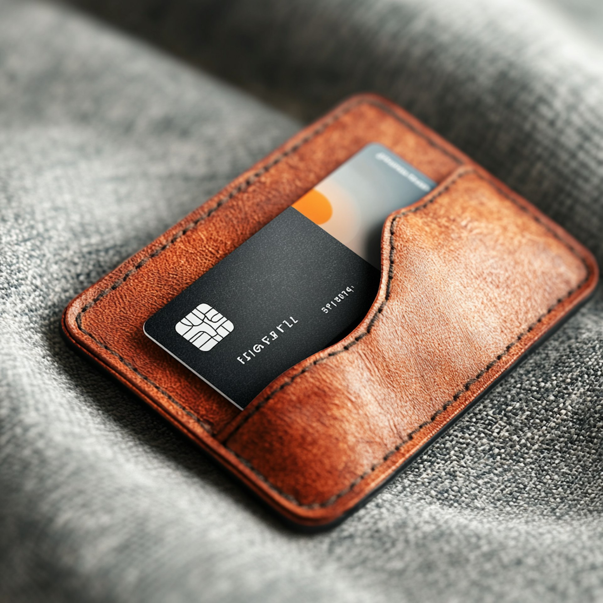 The image displays a close-up of a brown leather cardholder resting on a textured gray fabric surface. Within the cardholder, a black credit card with partial visibility of another orange card is shown. 