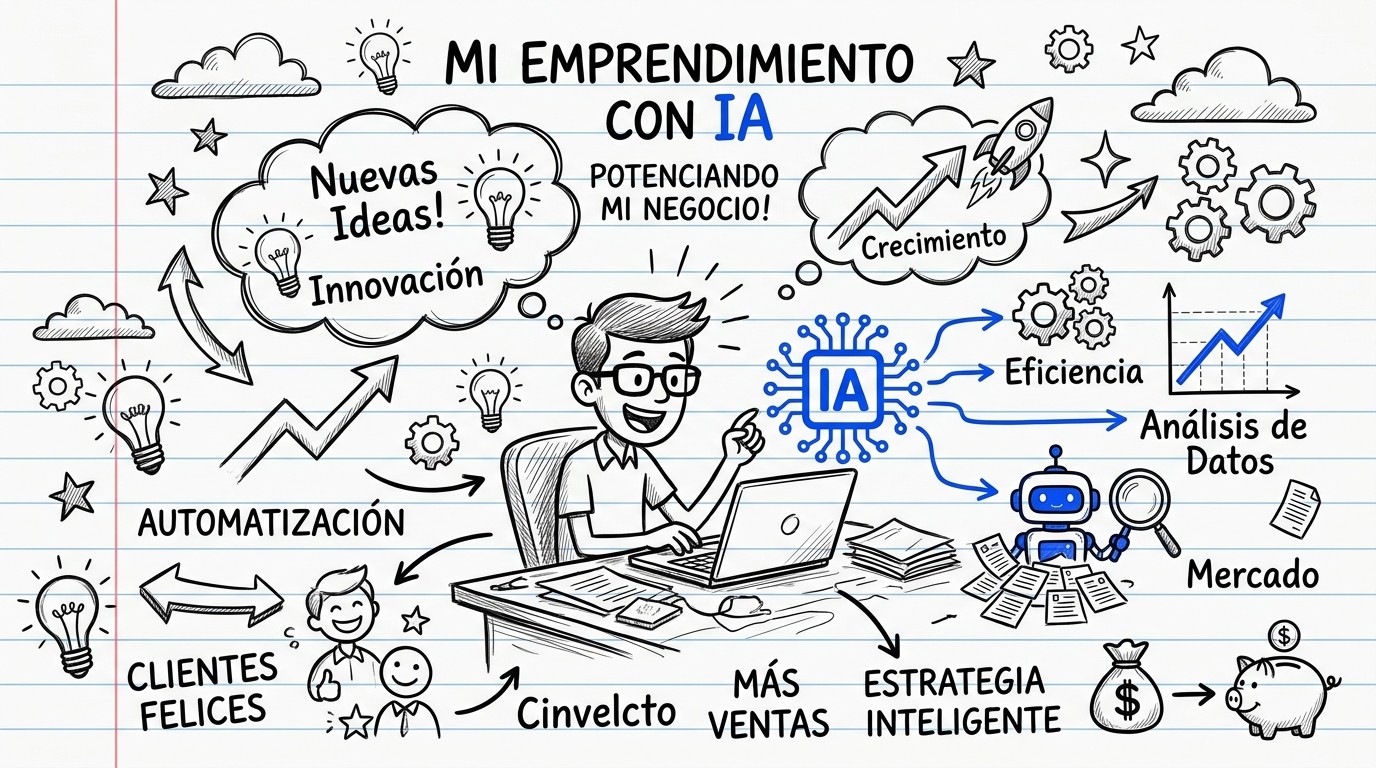 Emprendedor analiza estrategia de IA en cuaderno doodle