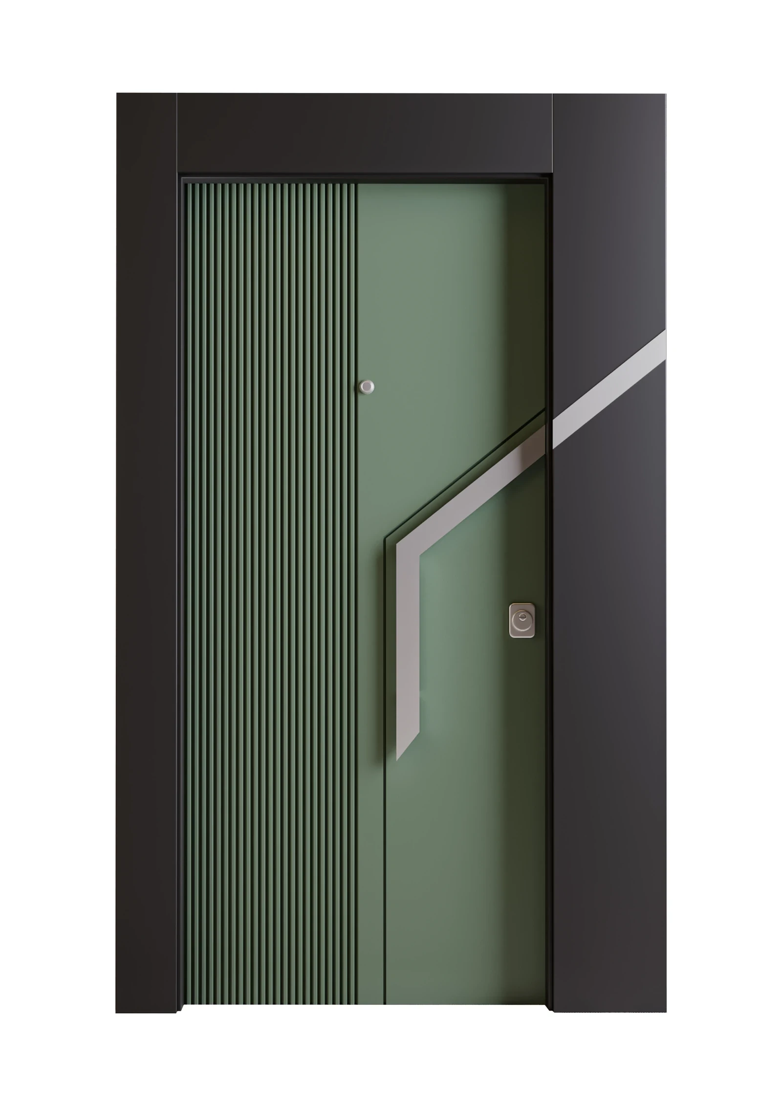 Front 3D render of a green Portal Door steel door with vertical texture and an angular metal handle.