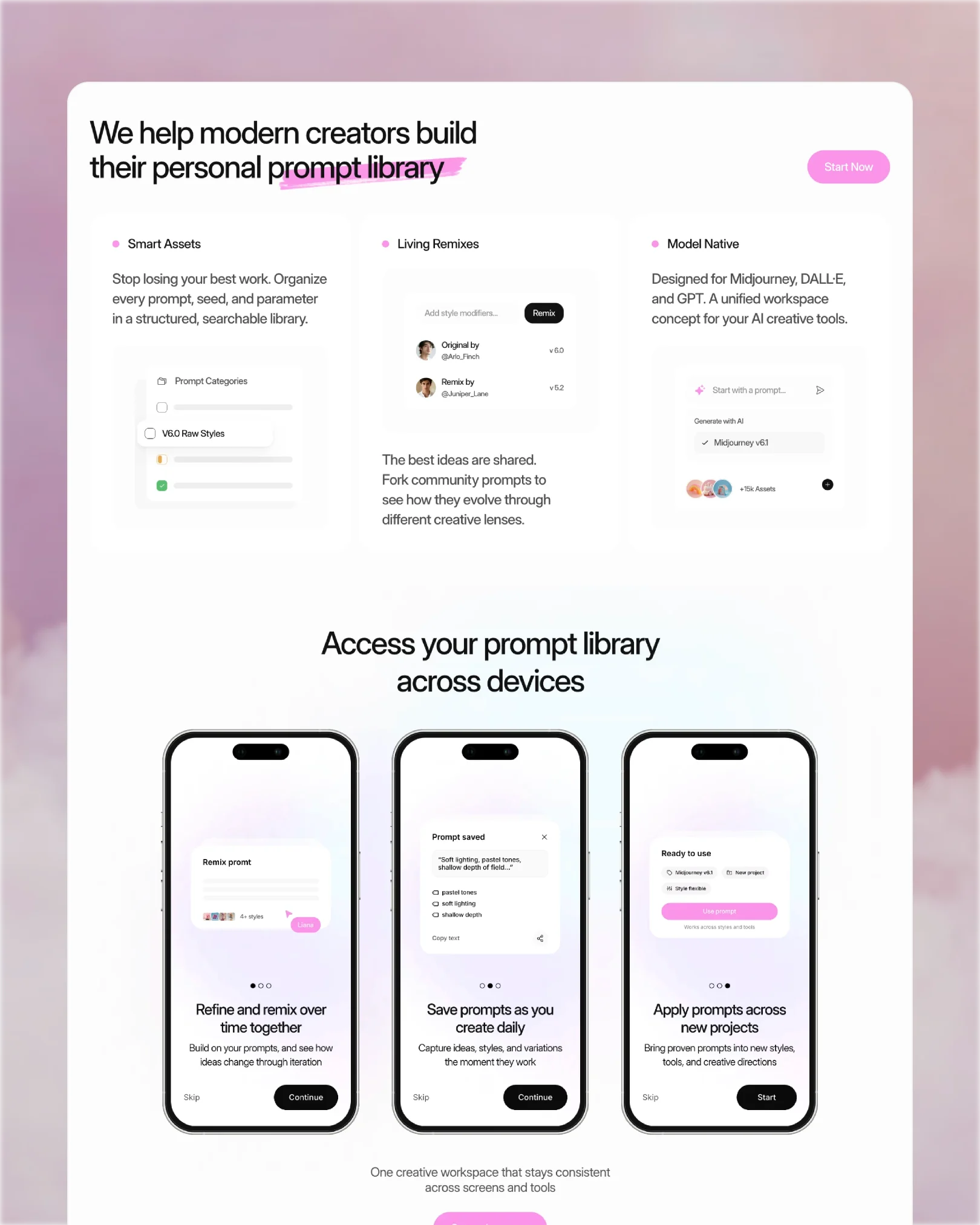Aesthetica features section showing smart prompt library, remixes and cross-device app previews — UI design by Luna UI design studio