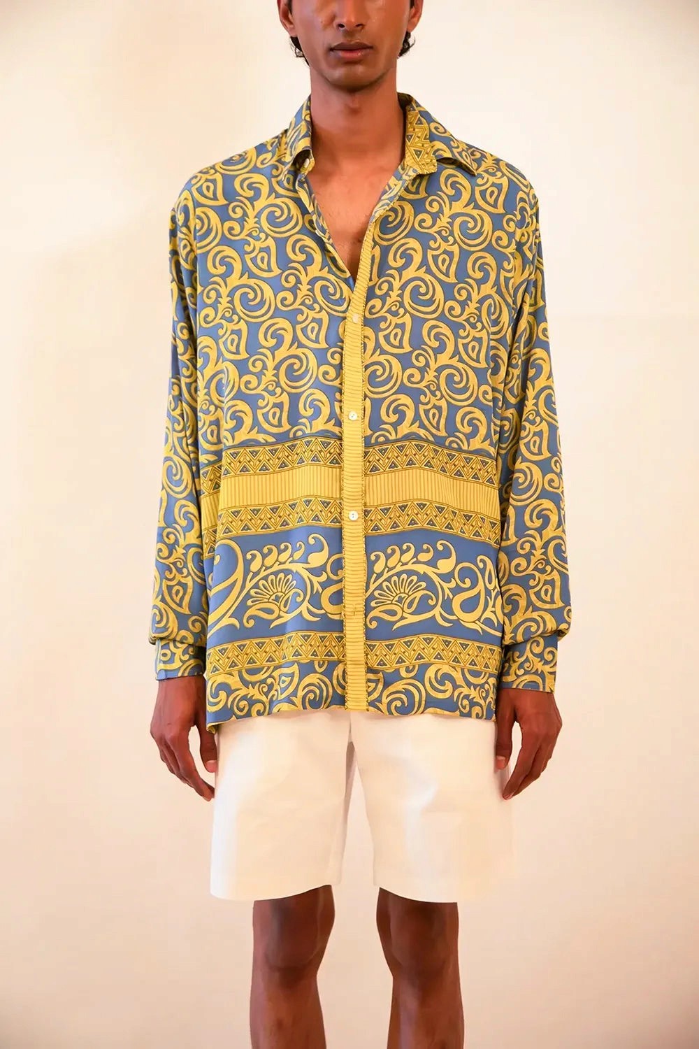 Lavya is our one-of-a-kind baroque-printed silk shirt, handcrafted by skilled artisans in-house using a vintage silk sari.