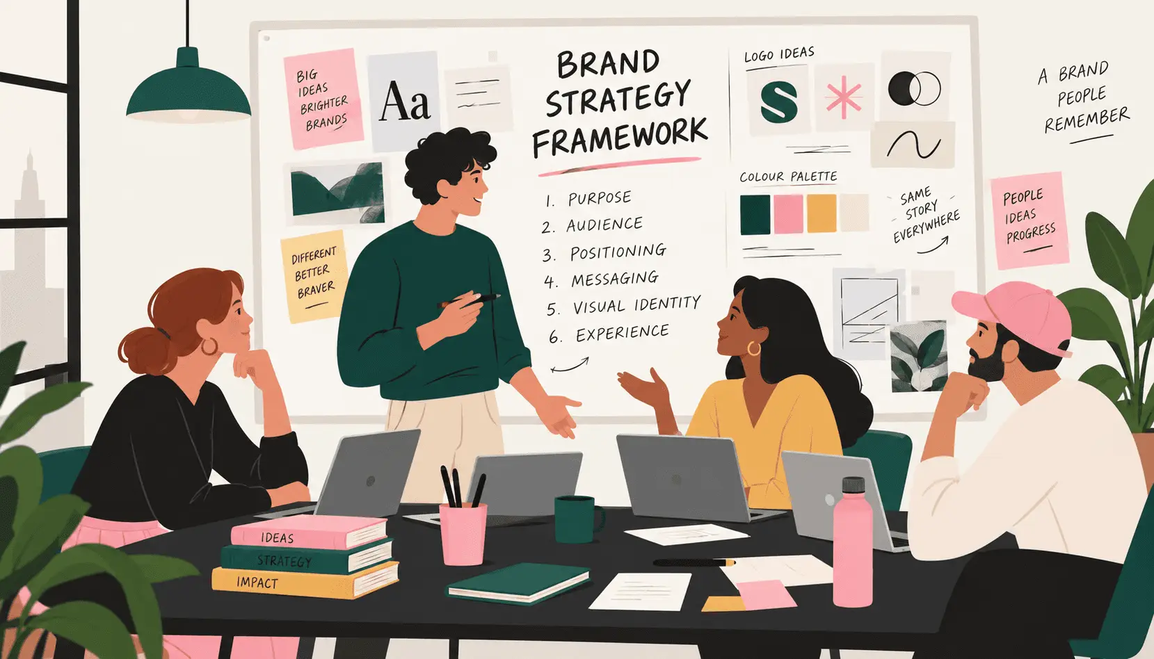 Illustration of people in an office creating a brand strategy framework with ideas on a whiteboard