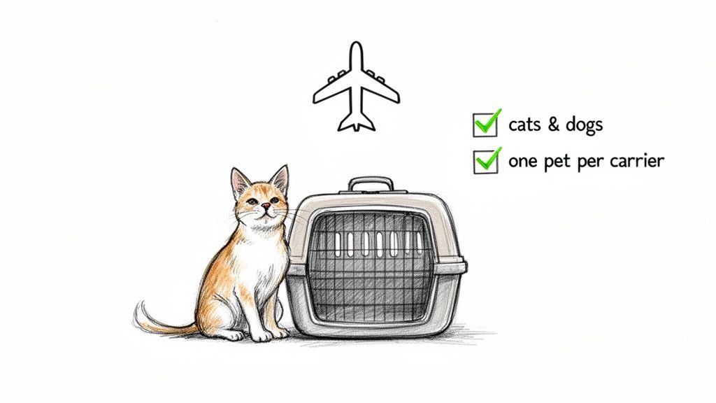 Airplane icon, cat, and carrier illustrate rules for flying pets: cats and dogs, one pet per carrier.