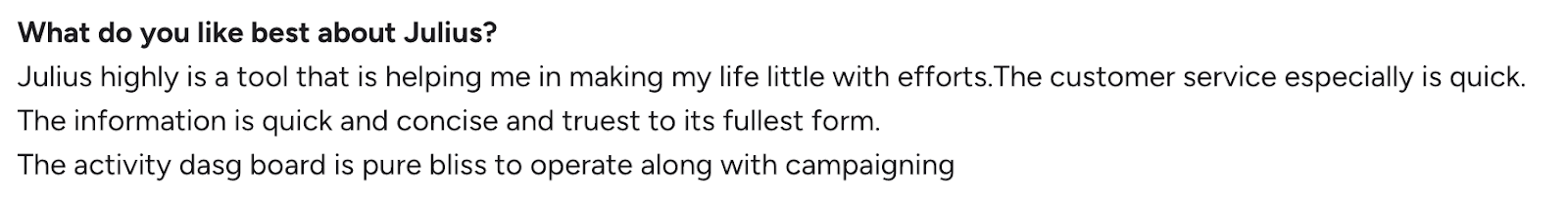 Julius AI user review highlighting ease of use and responsive customer support