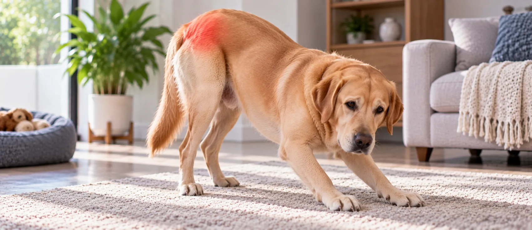 A Golden Retriever stretches its back low to the ground, a posture linked to spinal discomfort.