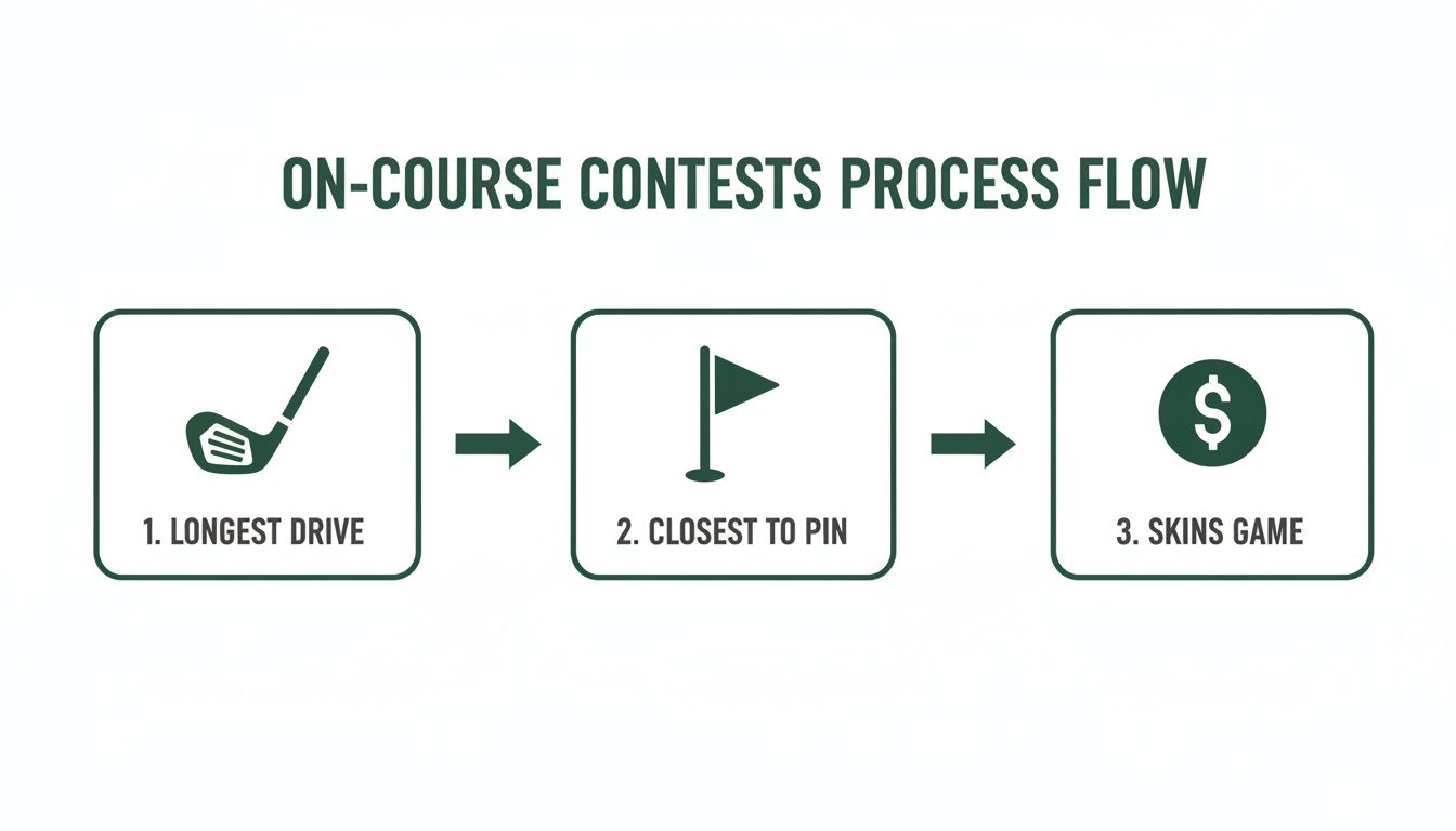 Process flow outlining on-course golf contests: Longest Drive, Closest to Pin, and Skins Game sequence.
