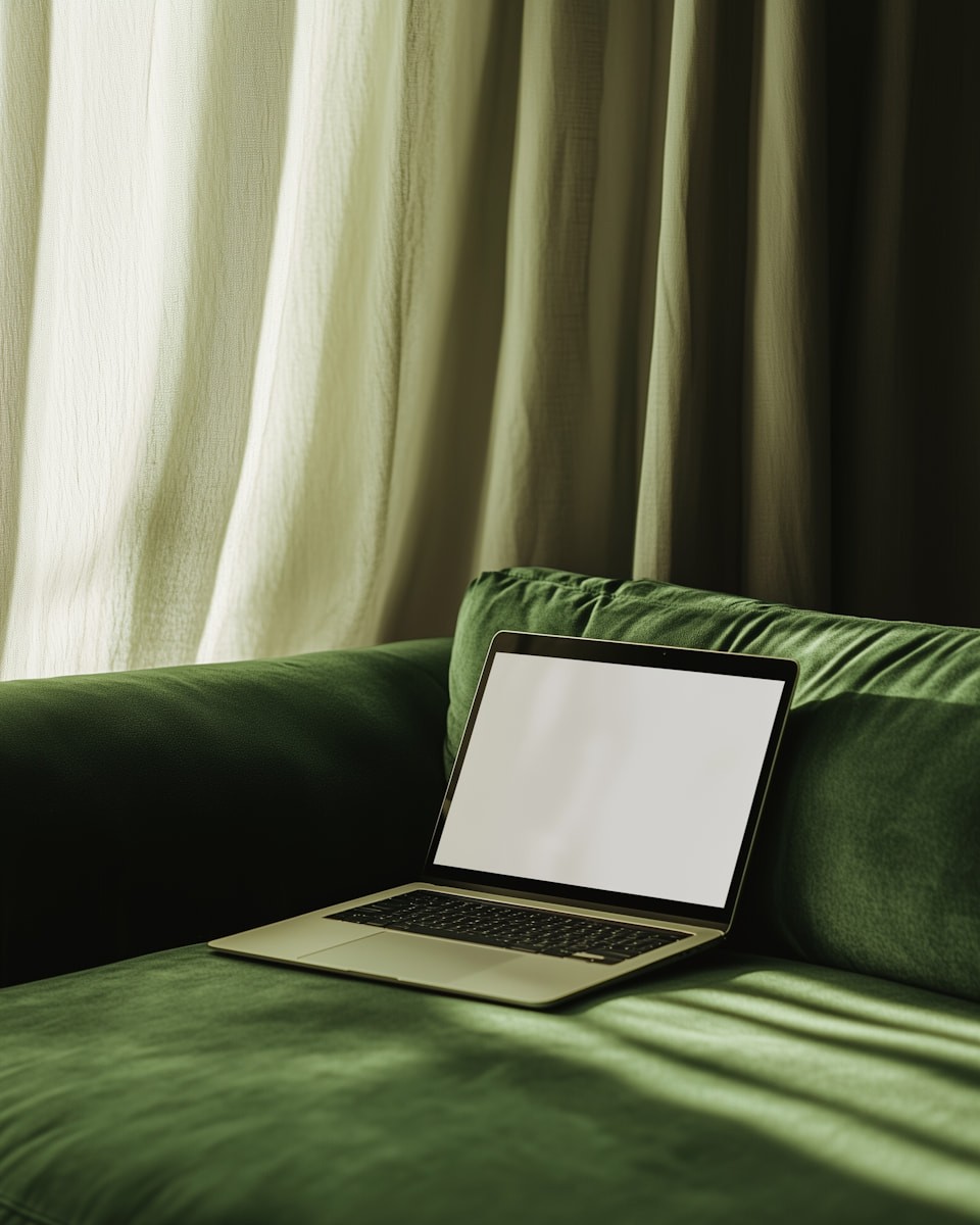 A laptop with a blank screen sits on a green velvet couch, bathed in soft natural light from a nearby window, creating a calm, serene ambiance.