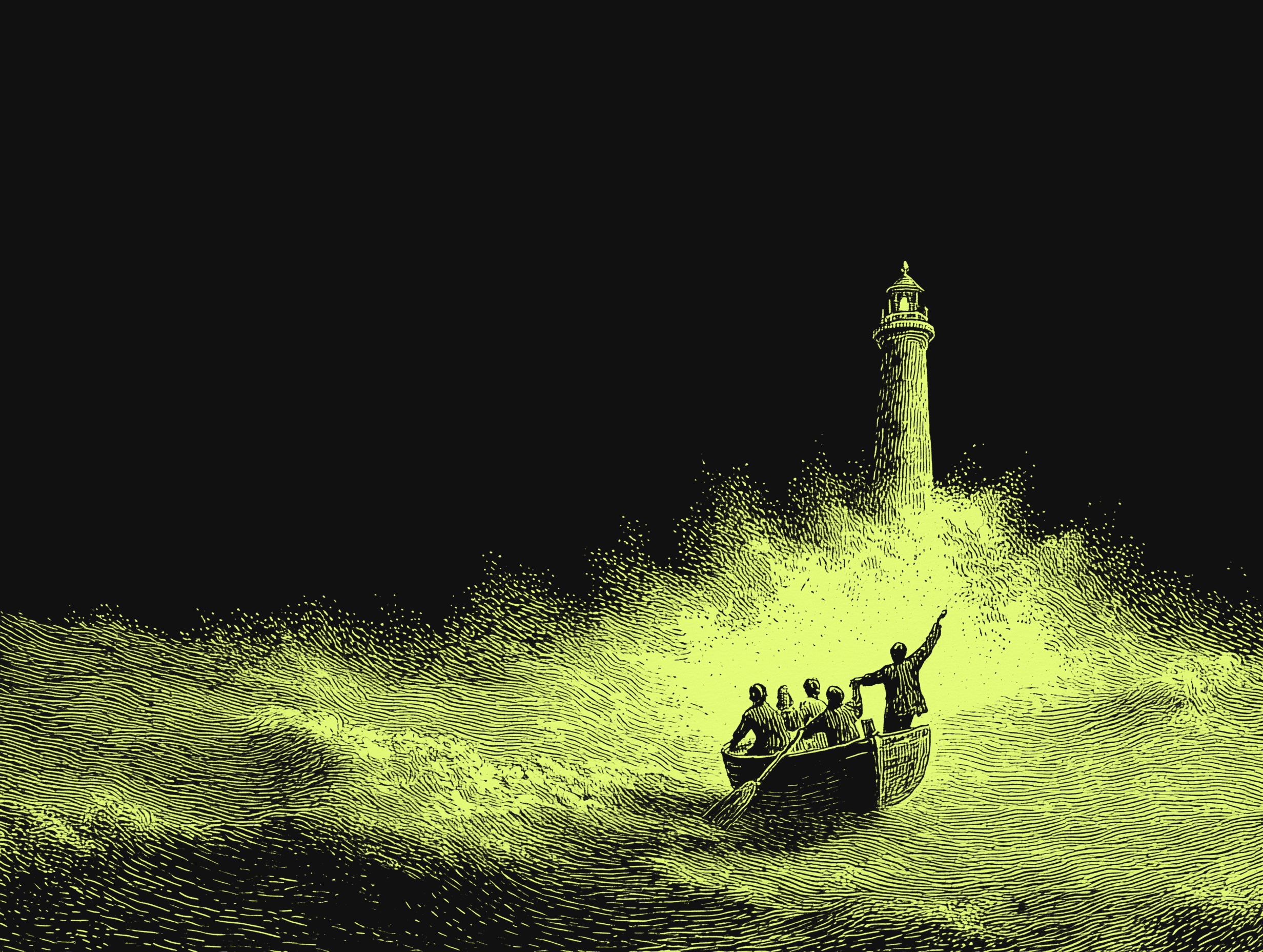 Ilustración de un grupo de personas en una embarcación orientándose hacia un faro en medio del mar, representando liderazgo y toma de decisiones en contextos de incertidumbre.