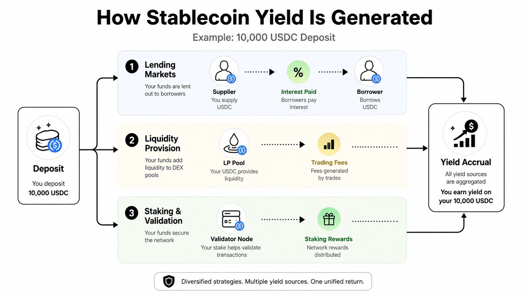 A diagram illustrating three methods for generating yield from a crypto deposit: lending, liquidity provision, and staking.