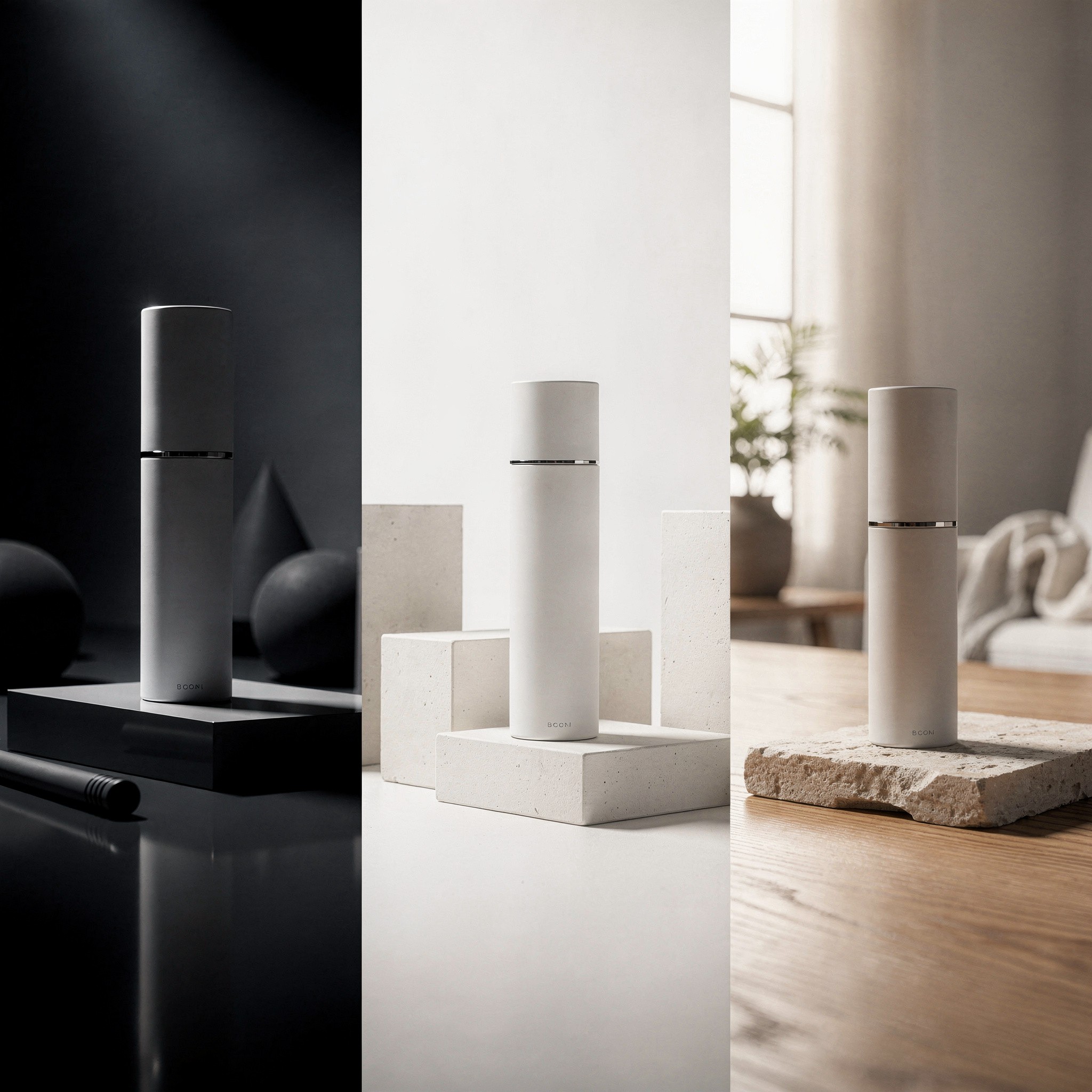 three different pictures of the same cosmetic product in three different colors with different backgrounds