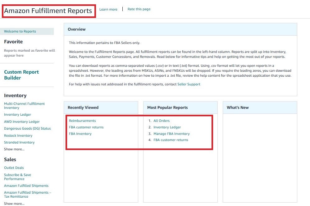  Amazon Fulfillment Reports dashboard screen