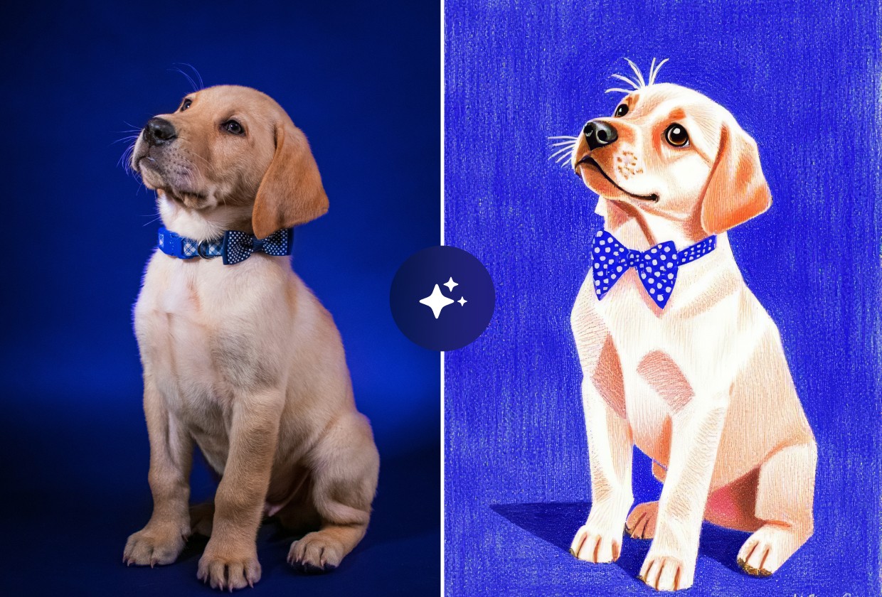 Side-by-side transformation of a Labrador puppy using AI pet cartoon filter, featuring the original photograph of a cream-colored puppy with blue bowtie against a blue backdrop on the left, and its artistic interpretation on the right. The cartoon rendering enhances the puppy's friendly expression and maintains its distinctive features while adding stylized whiskers and subtle texturing, all presented against a vibrant blue background that complements the matching polka dot bowtie.